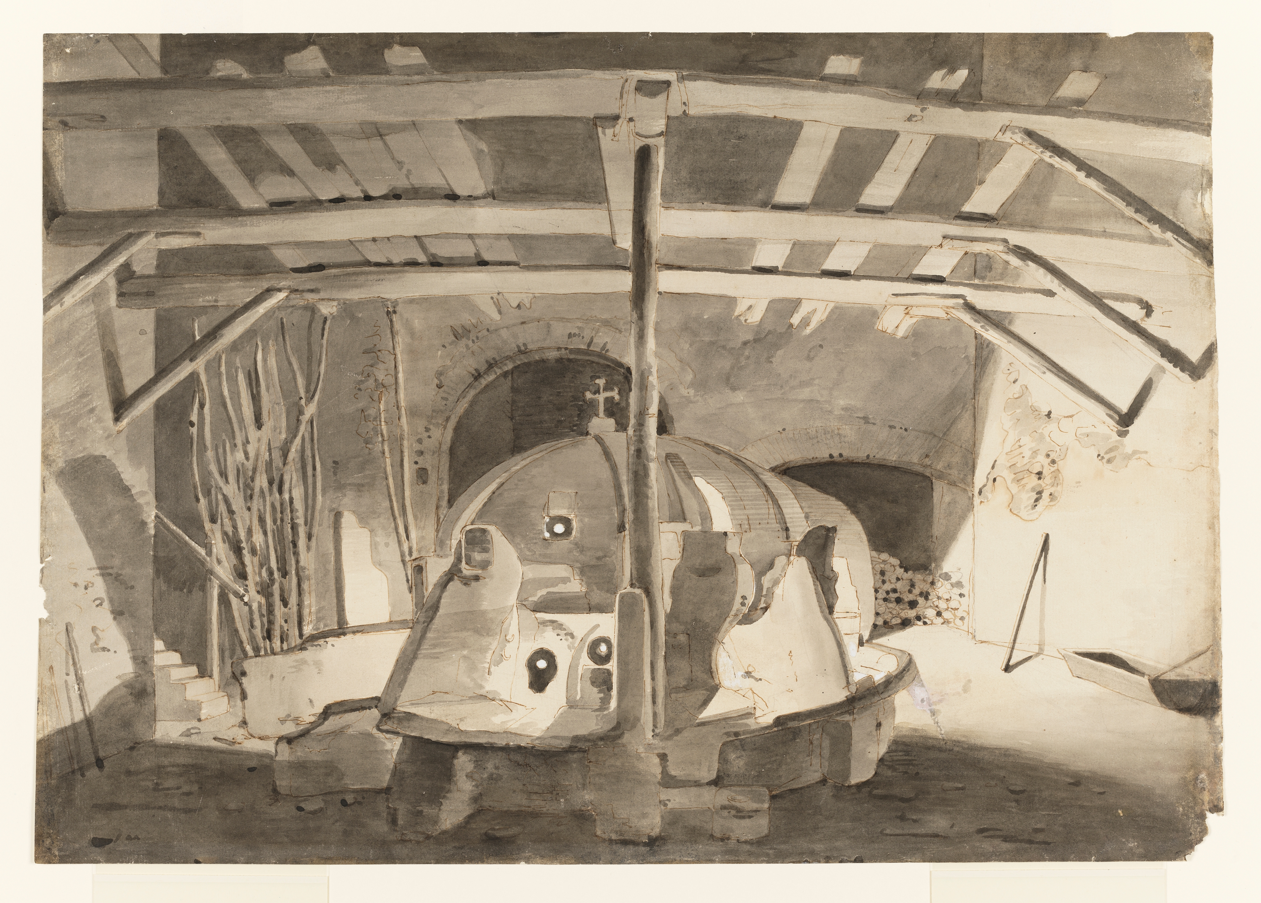 Drawing of a settlement with a view of a villa behind a wall, cypress trees and umbrella pines beyond. Inscribed on recto, to top right (handwritten in pencil): '19'. A piece of the sheet has been cut from the top left corner and repaired. Made by Joseph Wright of Derby (1734 - 1797), 1773-1775. Pencil on paper. Displayed in a cream window mount.