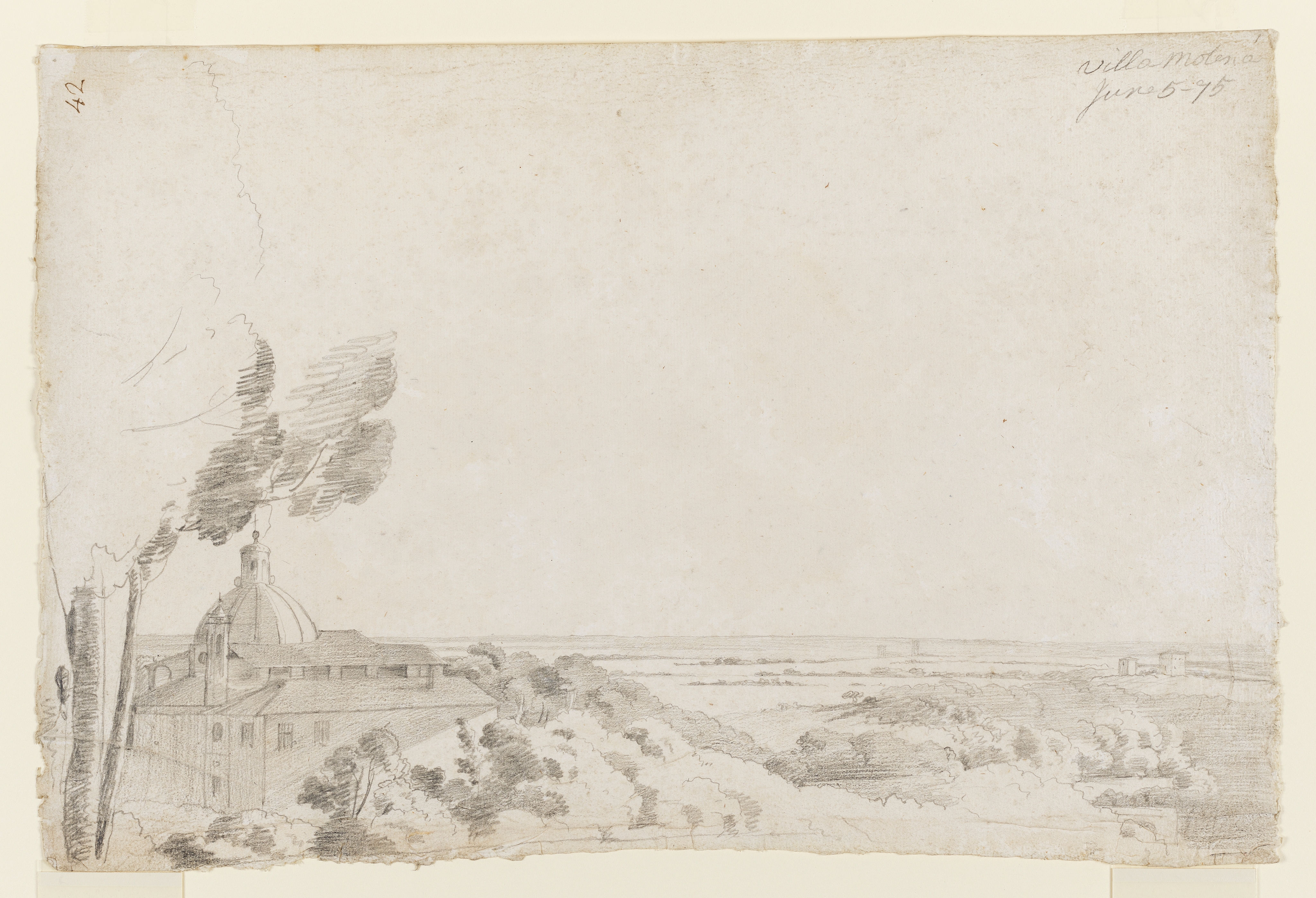Drawing of a landscape with a domed building and trees to the left. Inscribed on recto, to top left (handwritten in ink): '42' and to top right (handwritten in pencil): 'Villa Molena / June 5 - 75'. Made by Joseph Wright of Derby (1734 - 1797), 1775. Pencil on paper. Displayed in a cream window mount.