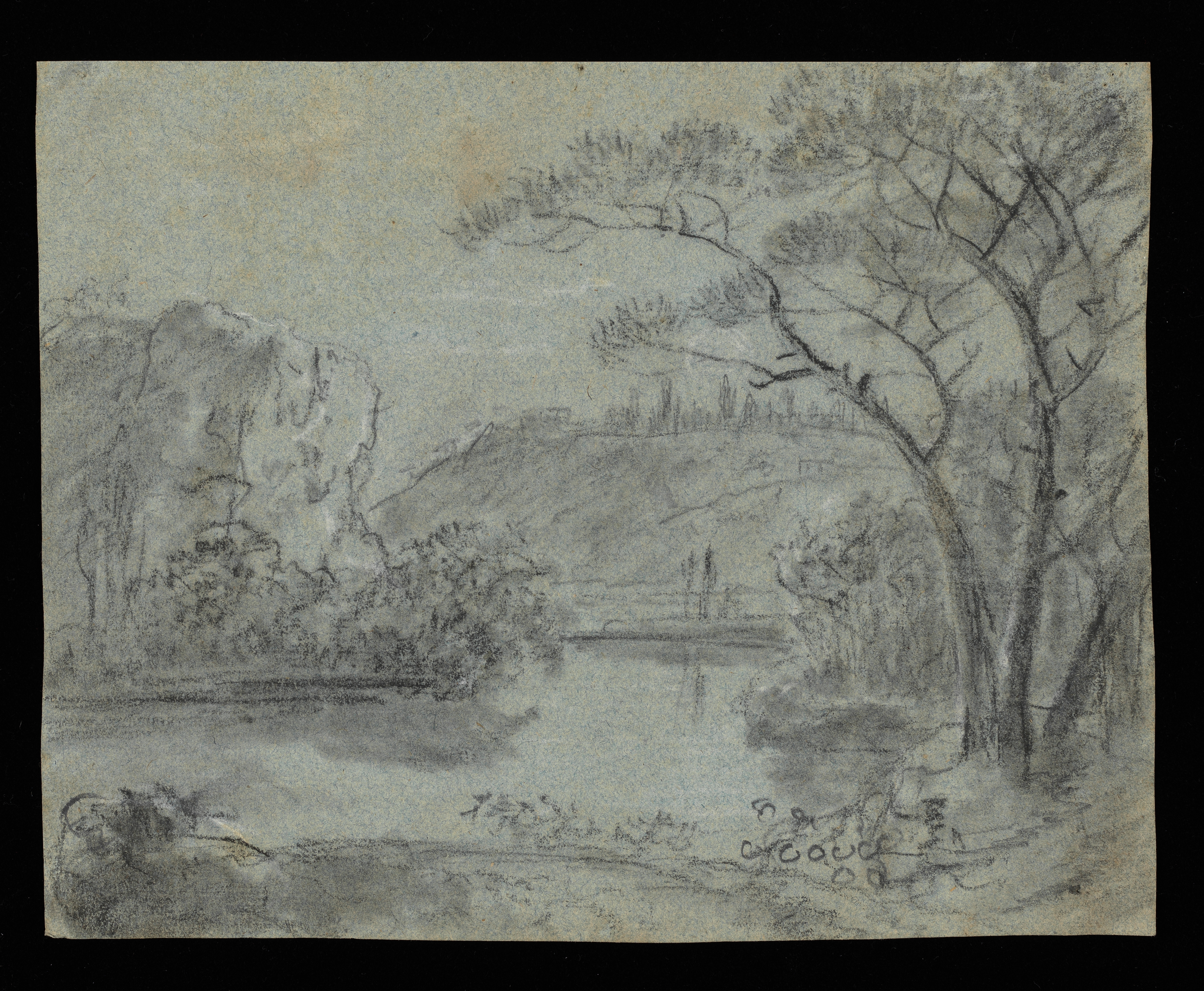 Drawing of a landscape with a lake or river, surrounded by cliffs and high ground. Tall trees, perhaps cypresses, occupy a hill in the distance. To the left is a rock face. The outline of what may be the moon appears through the tree's branches. There is a landscape study on the verso of this sheet. Made by Joseph Wright of Derby (1734-1797), c.1780-1781, black and white chalk and wash on blue-green paper.