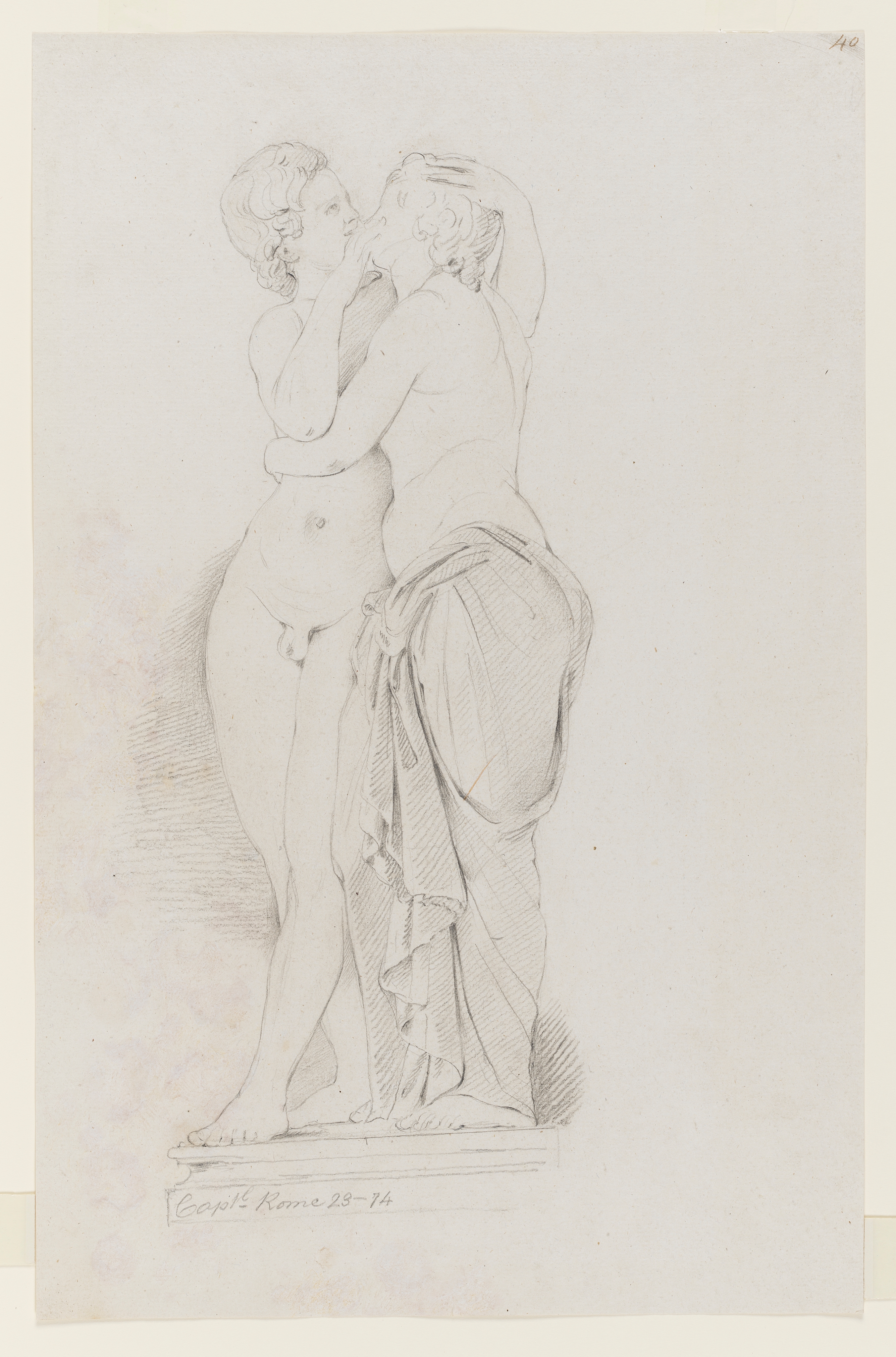 Drawing of two semi-nude figures embracing, identified as a study of a Roman sculpture known as 'Cupid and Psyche', which is a copy of an earlier, Hellenistic sculpture. The sculpture on which this study is based is in the Capitoline Museums in Rome. Inscribed on recto, along pedestal (handwritten pencil): 'Caple Rome 23 - 74' and to top right (handwritten in ink): '40'. Made by Joseph Wright of Derby (1734-1797), 1774. Pencil and charcoal on laid paper. Displayed in a cream window mount.