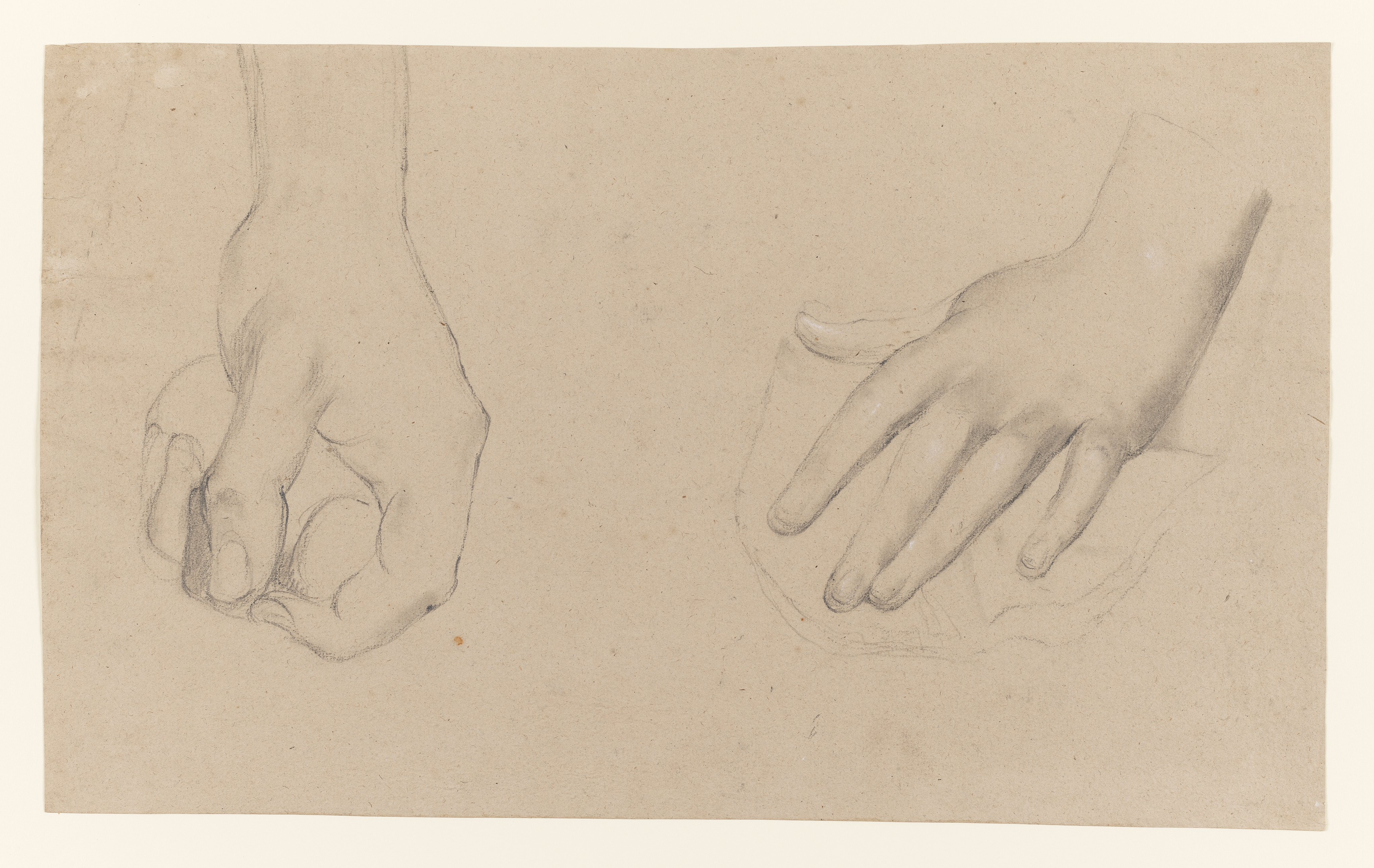 Drawing of two hands, one holding a 'stump', the other leaning on a piece of cloth(?). Made by Joseph Wright of Derby (1734-1797), c.1753-1754. Charcoal and white chalk on tan paper. Displayed in a cream window mount.