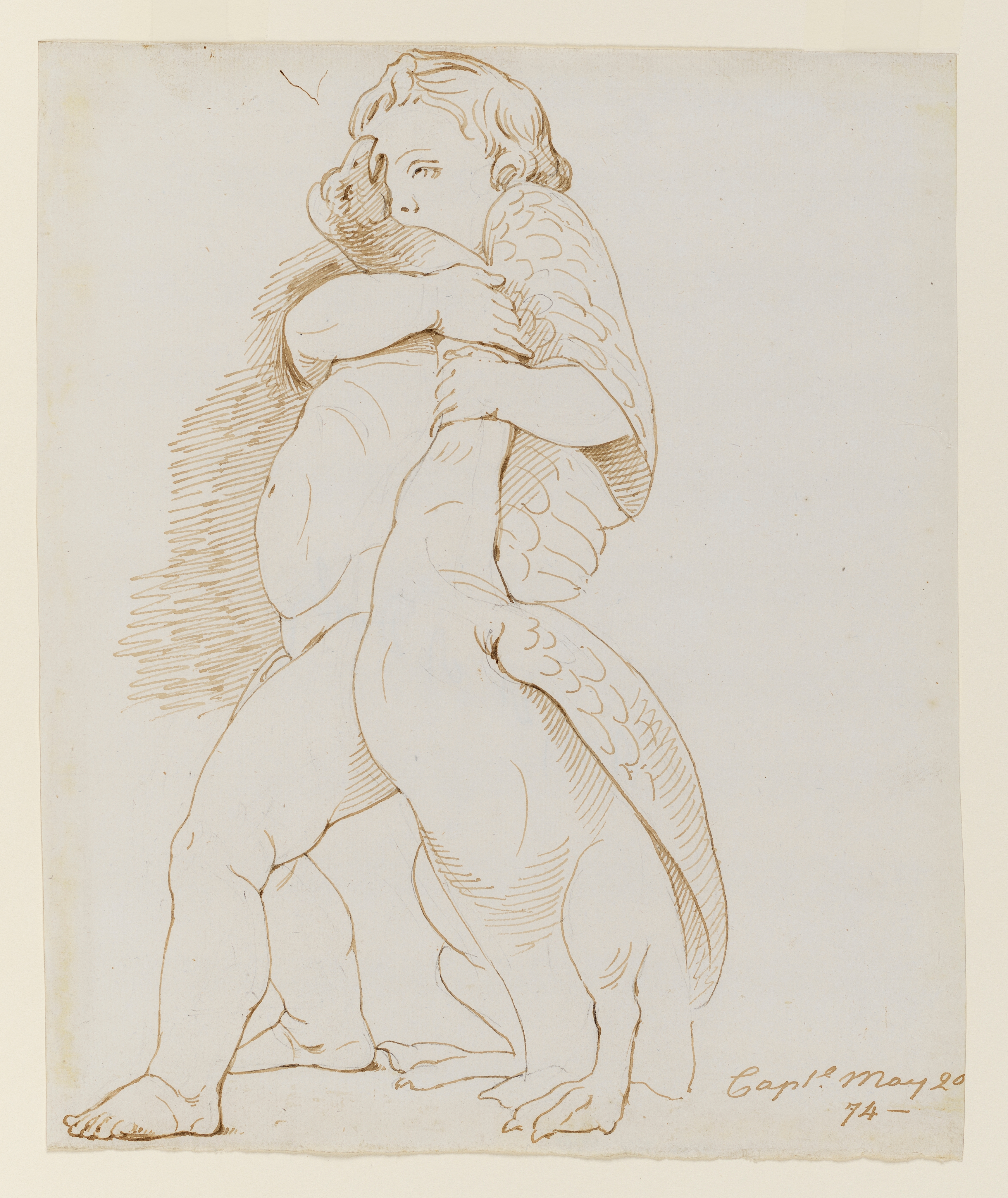 Drawing of a nude, male child with a goose, identified as a study of the Roman sculpture known as 'A Child Strangling a Goose', which is in the Capitoline Museums in Rome. Inscribed on recto, to lower right (handwritten in ink): 'Caple. May 20 / 74 - '. Made by Joseph Wright of Derby (1734-1797), 1774. Pen and ink over pencil on paper. Displayed in a cream window mount.