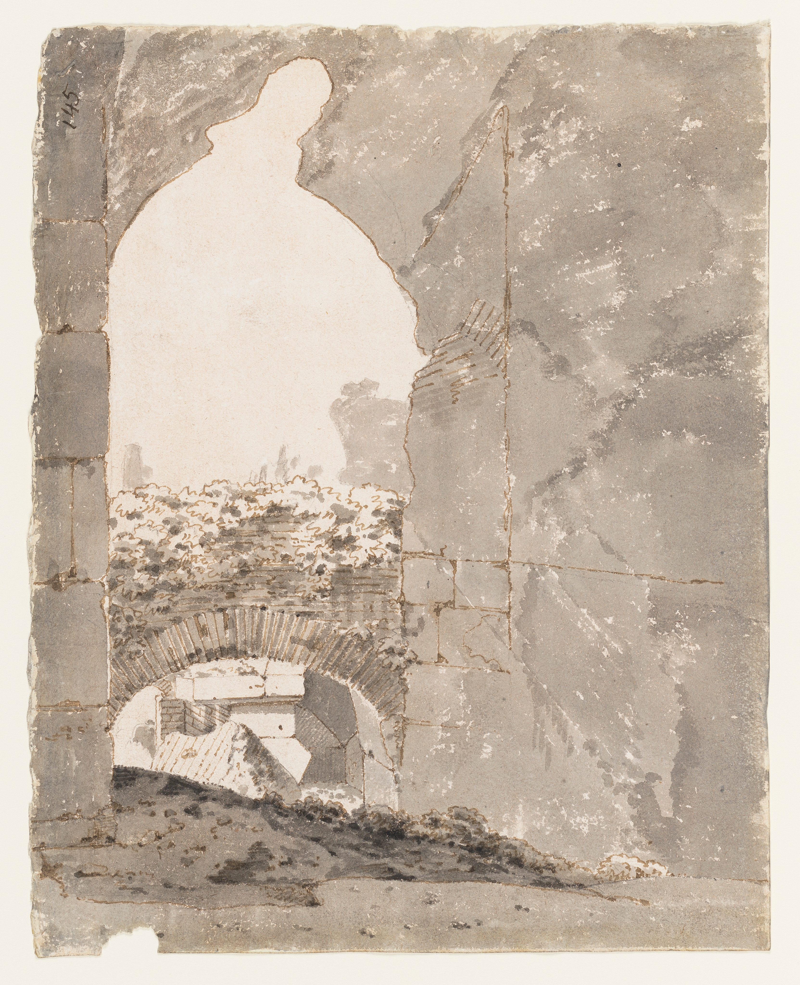 Drawing of a view through a ruined archway looking out towards overgrown archways and walls. Inscribed on recto, to top left (handwritten in ink): '145'. Small loss to sheet at lower left. Made by Joseph Wright of Derby (1734 - 1797), 1774-1775. Pen, ink and grey ink wash over pencil on paper. Displayed in a cream window mount.