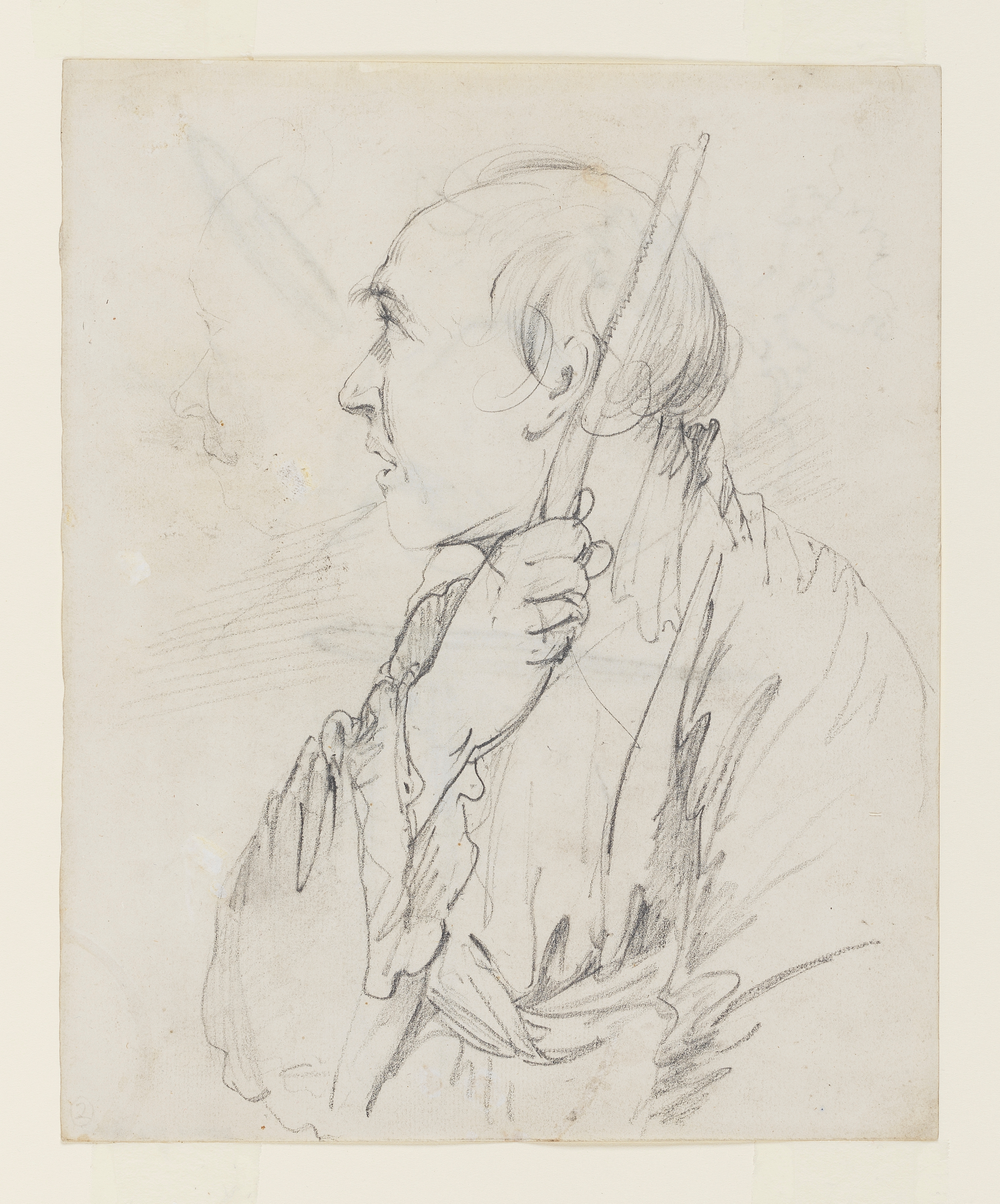 Drawing of a man in profile, facing left, holding a staff. His head is uncovered and mostly bald. He wears a loose-fitting garment that appears to be tied at the waist with a sash. Another, faint outline of the same profile is visible to the left. Inscribed on recto, to lower left (handwritten in pencil): '2' (circled). Made by Joseph Wright of Derby (1734-1797), c.1774. Pencil and charcoal on paper. Displayed in a cream window mount.