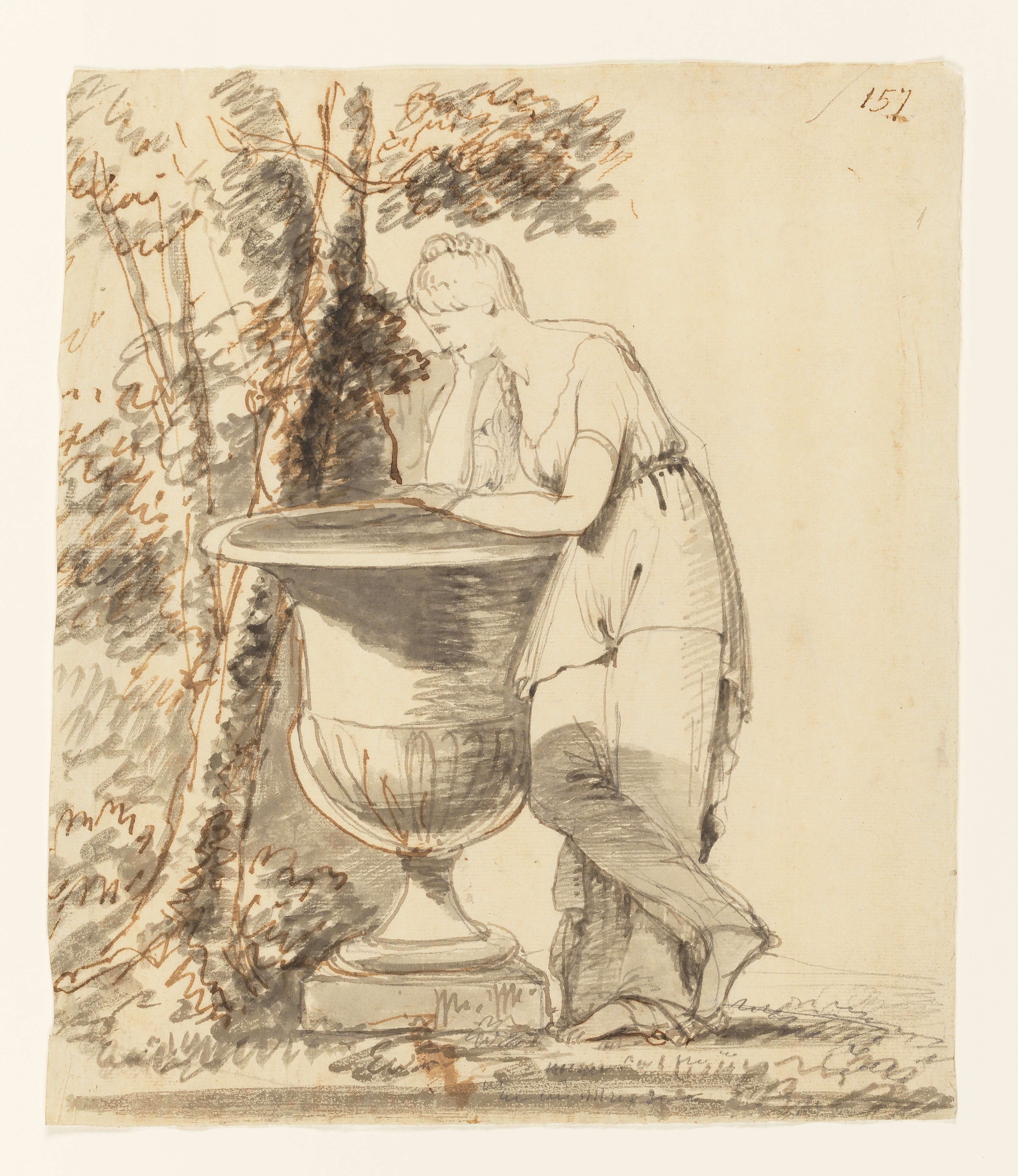 Drawing of a female figure leaning on an urn. She faces left and rests her head on her right hand. Her weight rests on her left leg; her right leg is hooked before her left leg, her feet bare. Her outfit comprises two garments: a long skirt and a separate top with short sleeves, belted at the waist. Behind and to the left of the urn is a tree. Inscribed on recto, to top right (handwritten in ink): '157'. Made by Joseph Wright of Derby (1734-1797), c.1775. Pencil, charcoal, and ink and ink wash on paper. Displayed in a cream window mount.