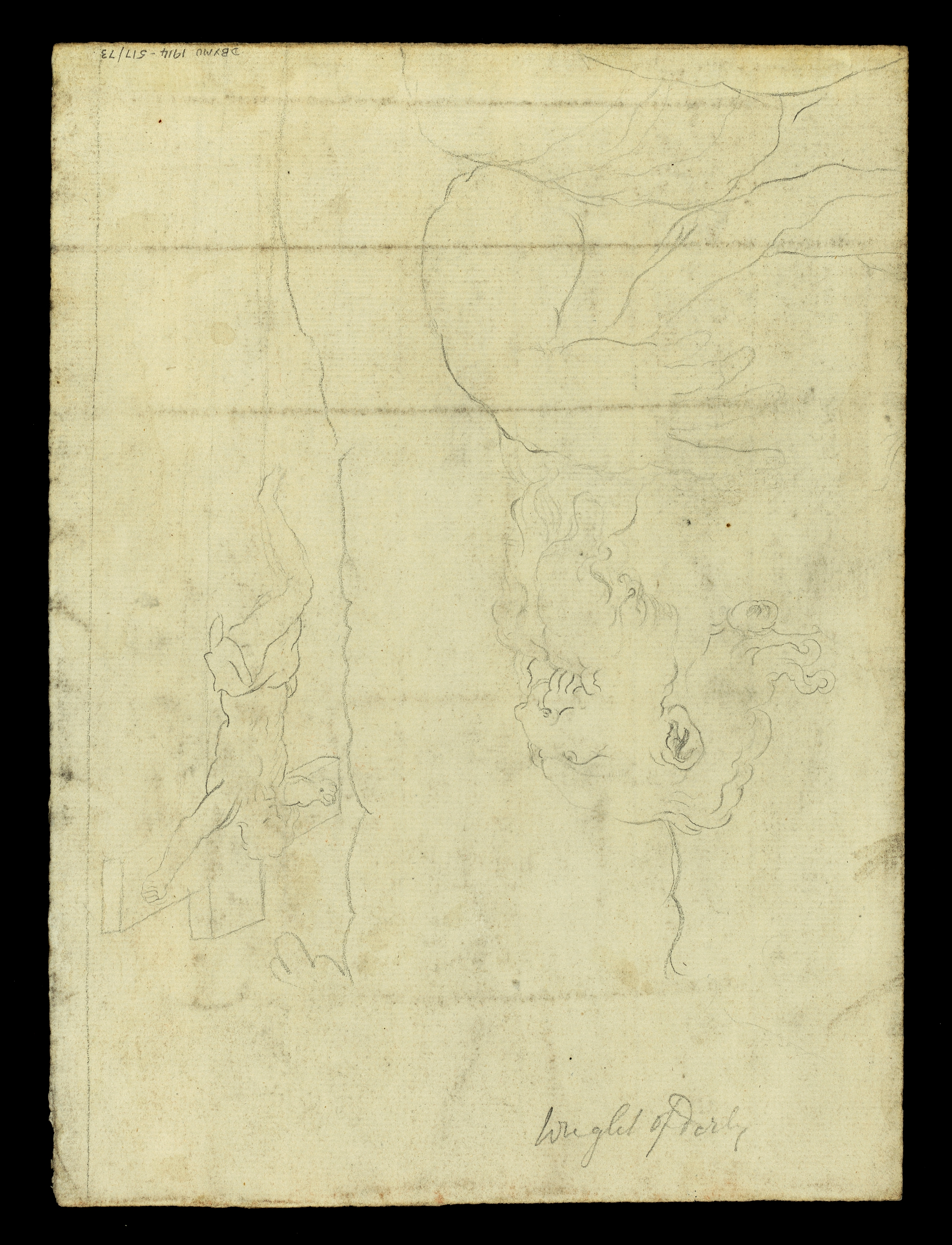 Drawing of a view through a ruined archway looking out towards overgrown archways and walls. Inscribed on recto, to top left (handwritten in ink): '145'. Small loss to sheet at lower left. Made by Joseph Wright of Derby (1734 - 1797), 1774-1775. Pen, ink and grey ink wash over pencil on paper. Displayed in a cream window mount.