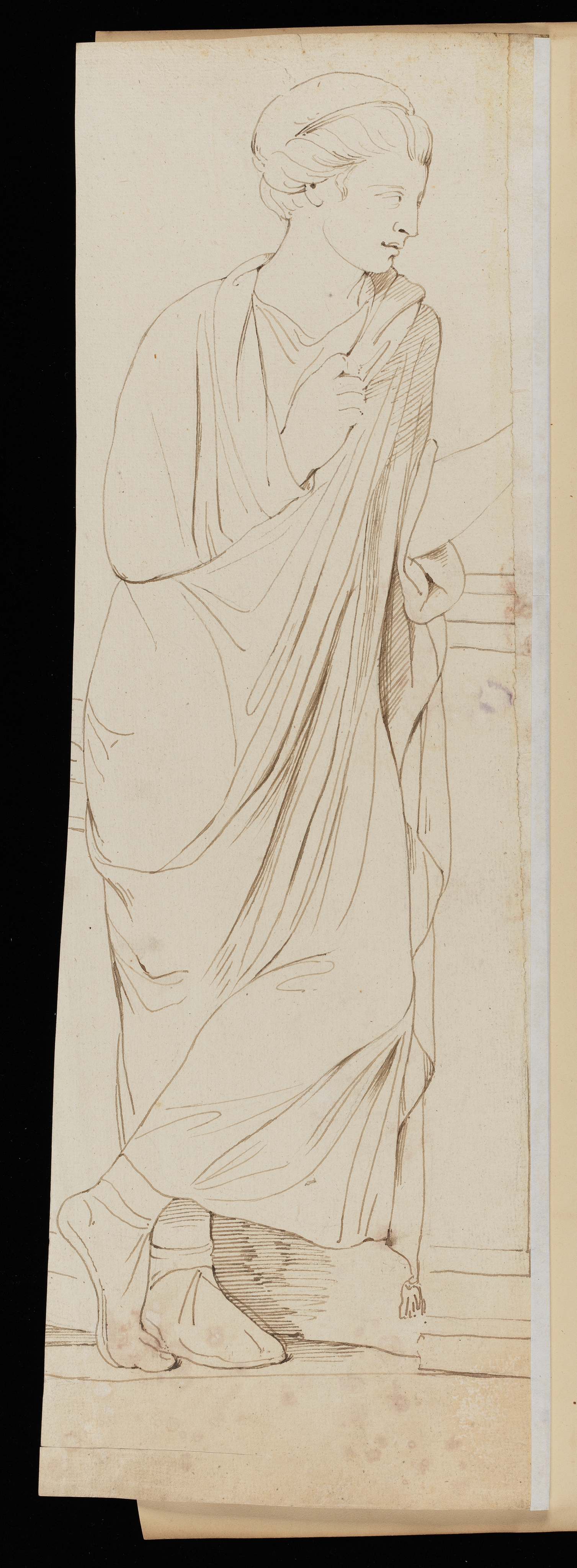 Drawing of a nude male figure, with the legs of a goat (a satyr), blowing a horn. He faces right and kneels on his left leg. Inscribed on recto, to top right (handwritten in ink): 'Lungara Octr. 1st. 74 108'. Made by Joseph Wright of Derby (1734-1797), 1774. Pen and ink over charcoal on paper.