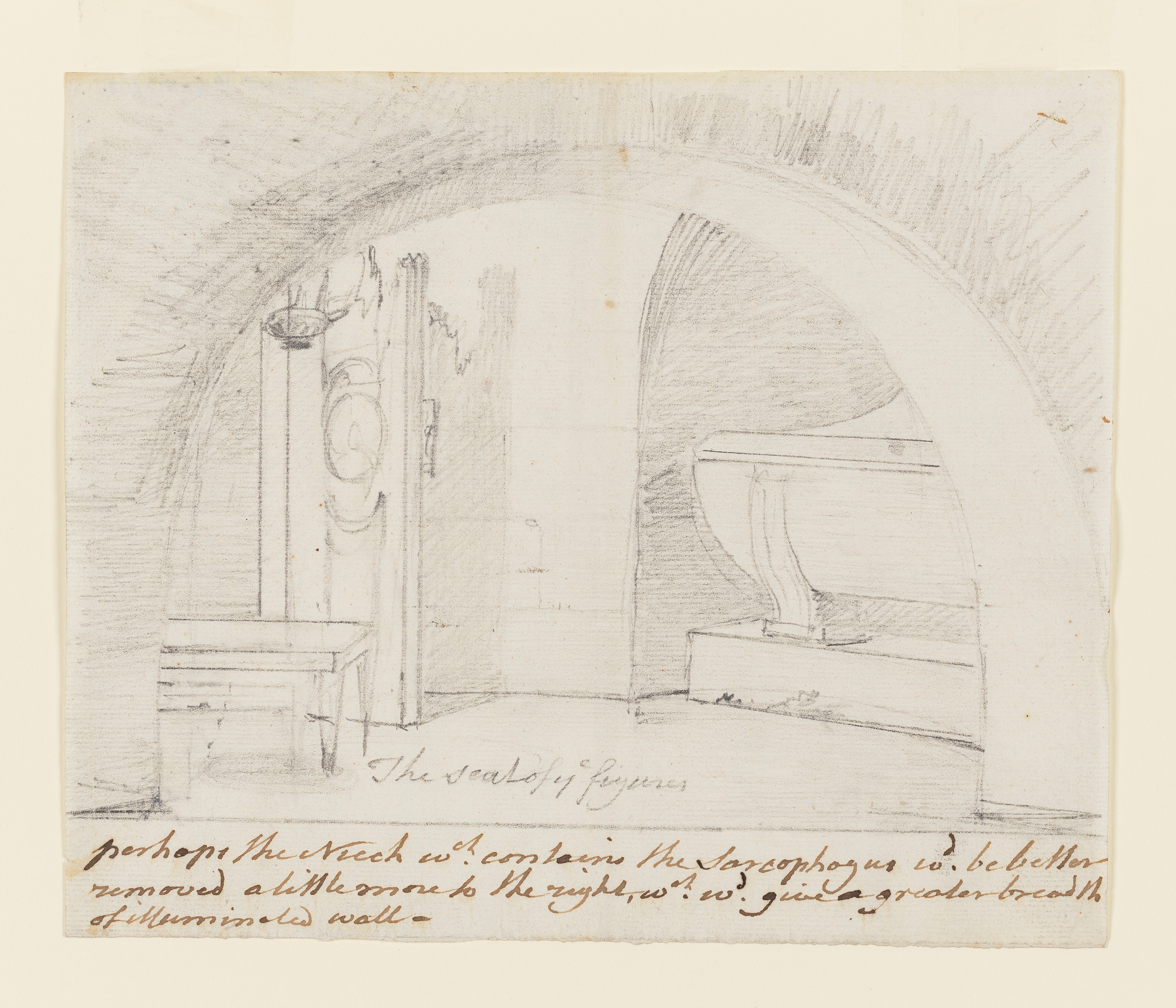 Drawing showing the interior of a tomb through an arch. To the left is a broken door, hanging lamp, and bench; to the right a large sarcophagus. An inscription (handwritten in pencil), on the floor of the tomb, reads 'The Seat of Ye figures' and (handwritten in ink), across bottom, '...perhaps the Niech[sic] wch. contains the Sarcophagus wd. be better removed a little more to the right, wch. wd. give a greater breadth of illuminated wall..'. Drawn by Joseph Wright of Derby (1734-1797), 1774. Pencil on paper.