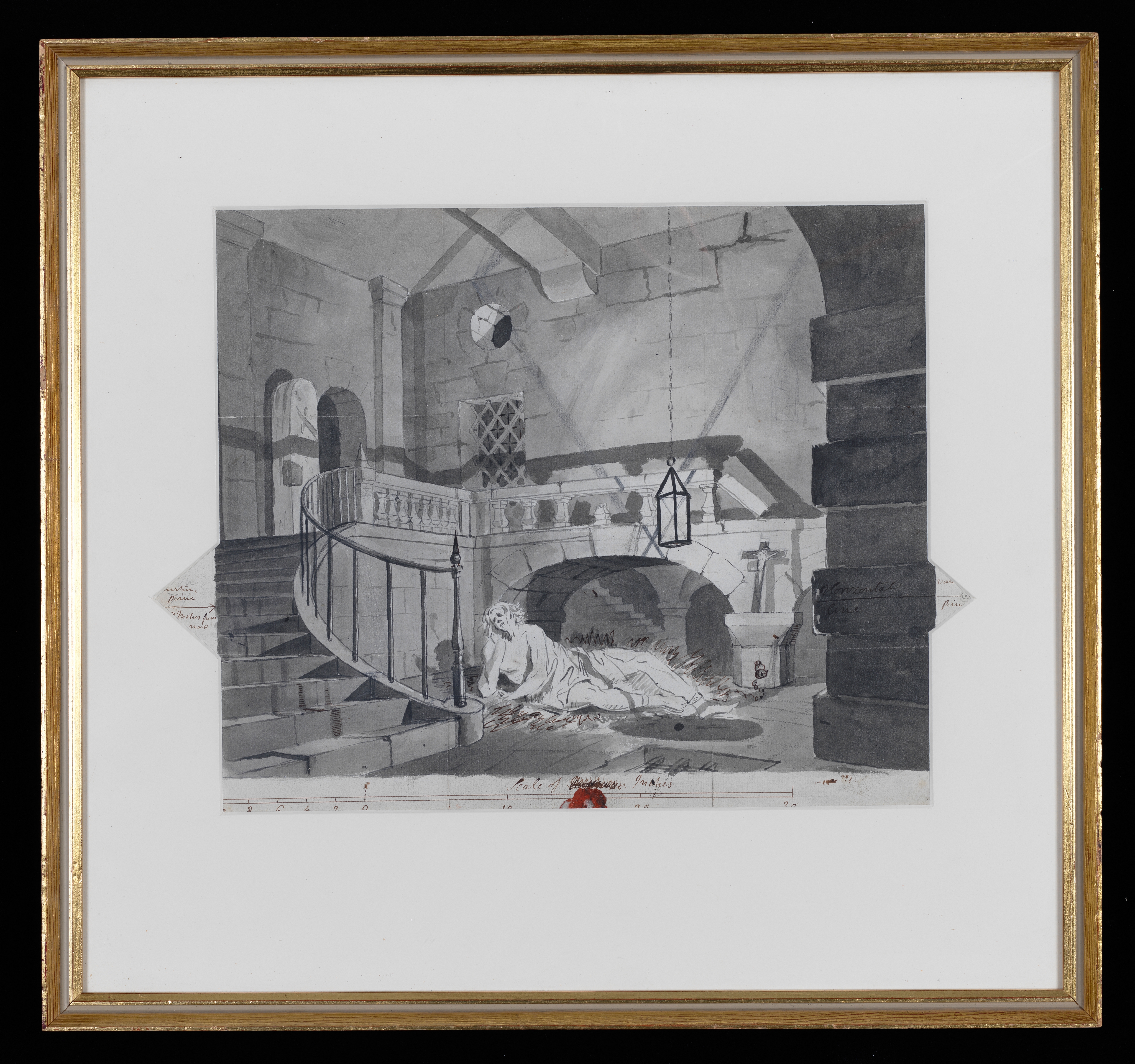 Drawing of the interior of a room, with the figure of a semi-nude man lying on the floor, his ankles shackled. Above him is a hanging lantern. Identified as a study for the now lost painting titled 'The Captive King', by Joseph Wright of Derby. Along the bottom edge of the drawing is a scale bar and, to the left and right, the vanishing points are marked. Inscribed below drawing (handwritten in ink): 'Scale of [illegible] Inches', and to left (handwritten in ink): 'vanishing / point / [?] Inches from mark', and to right (handwritten in ink): 'Horizontal / line' and 'vanishing / point'. On the verso is a letter. Made by Joseph Wright of Derby (1734-1797), or Peter Perez Burdett (1734-1793), c. 1772-73. Pen and ink and ink wash, with pencil, on paper. Displayed in a cream window mount.