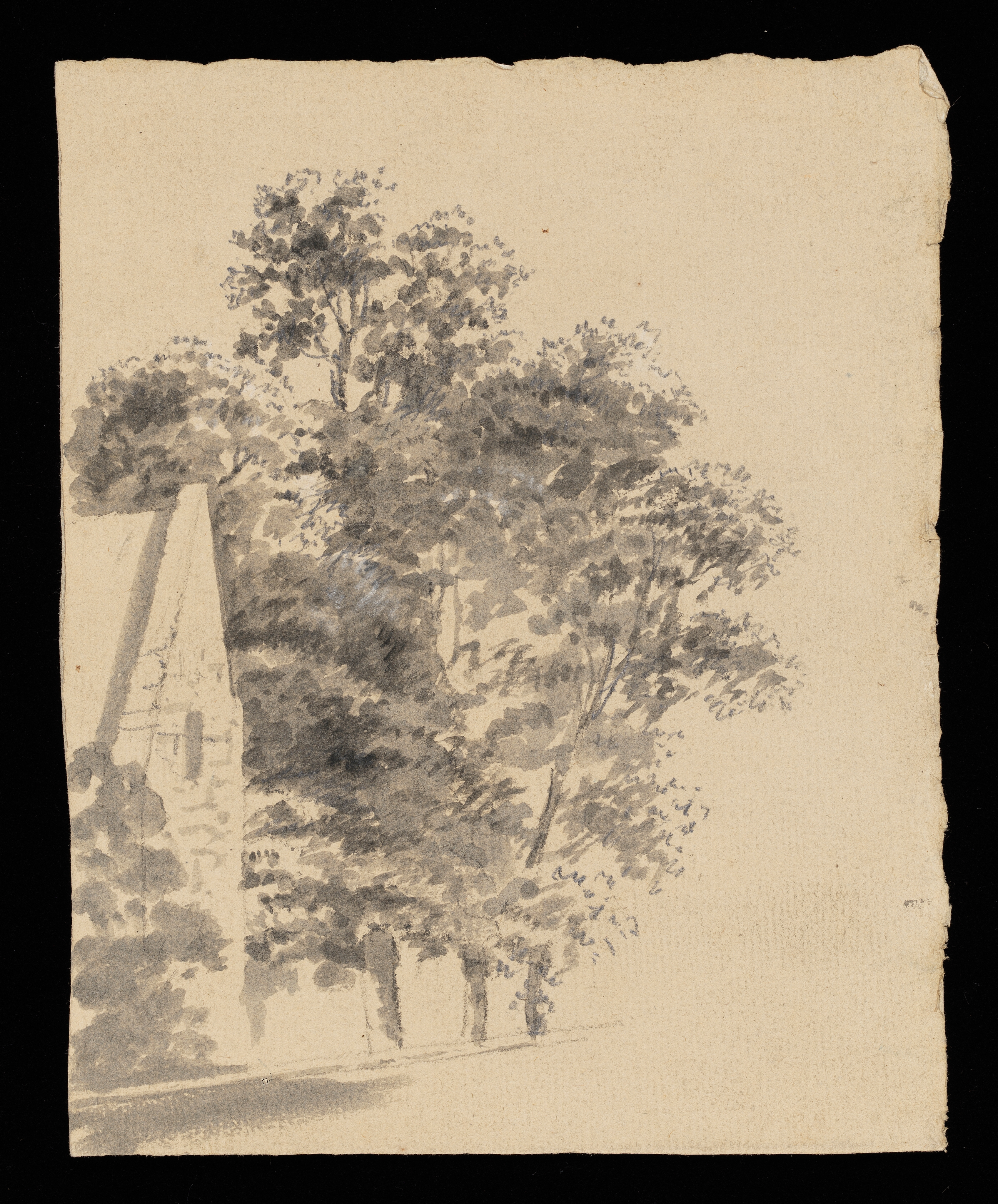 Drawing of the gable end wall of a house, surrounded by trees. The drawing takes up just over half of the sheet and is mostly confined to the left side. Made by Joseph Wright of Derby (1734-1797), 1774. Pencil, ink, charcoal, and white heightening on laid paper washed with watercolour. Displayed in a cream window mount.