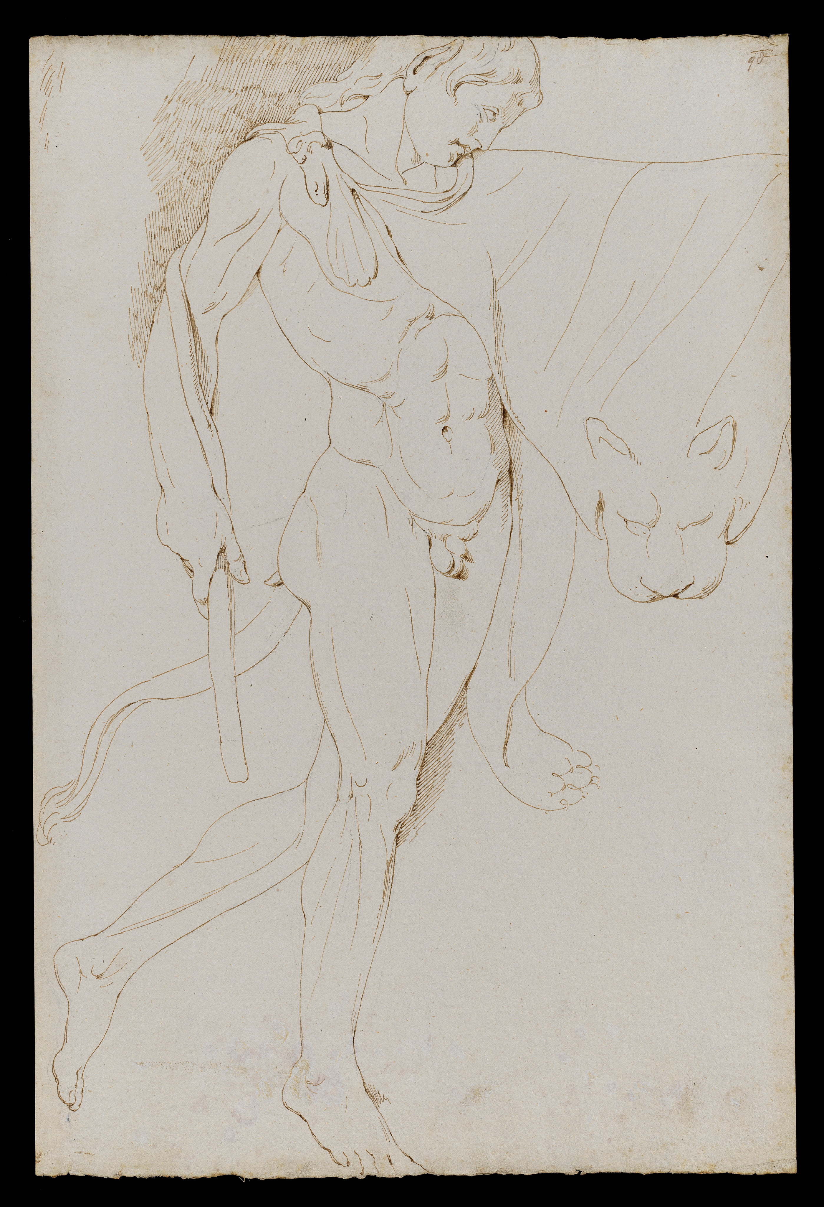 Drawing of nude male figure seated, identified as a study of the cast of the Roman sculpture (itself a copy of a lost Hellenistic bronze sculpture) called the 'Dying Gaul'. The figure is seated on the ground in a semi-recumbent position, turned slightly towards the right. He wears a torque around his neck. His head is bowed and he rests his left hand on his leg; his right hand resting on a rock for support. Inscribed on recto, to top left (handwritten in ink): '113' and to lower left (handwritten in pencil): 'F. Academy April 16th. 74'. Made by Joseph Wright of Derby (1734 - 1797), 1774. Pencil and charcoal on white laid paper. Displayed in a cream window mount.