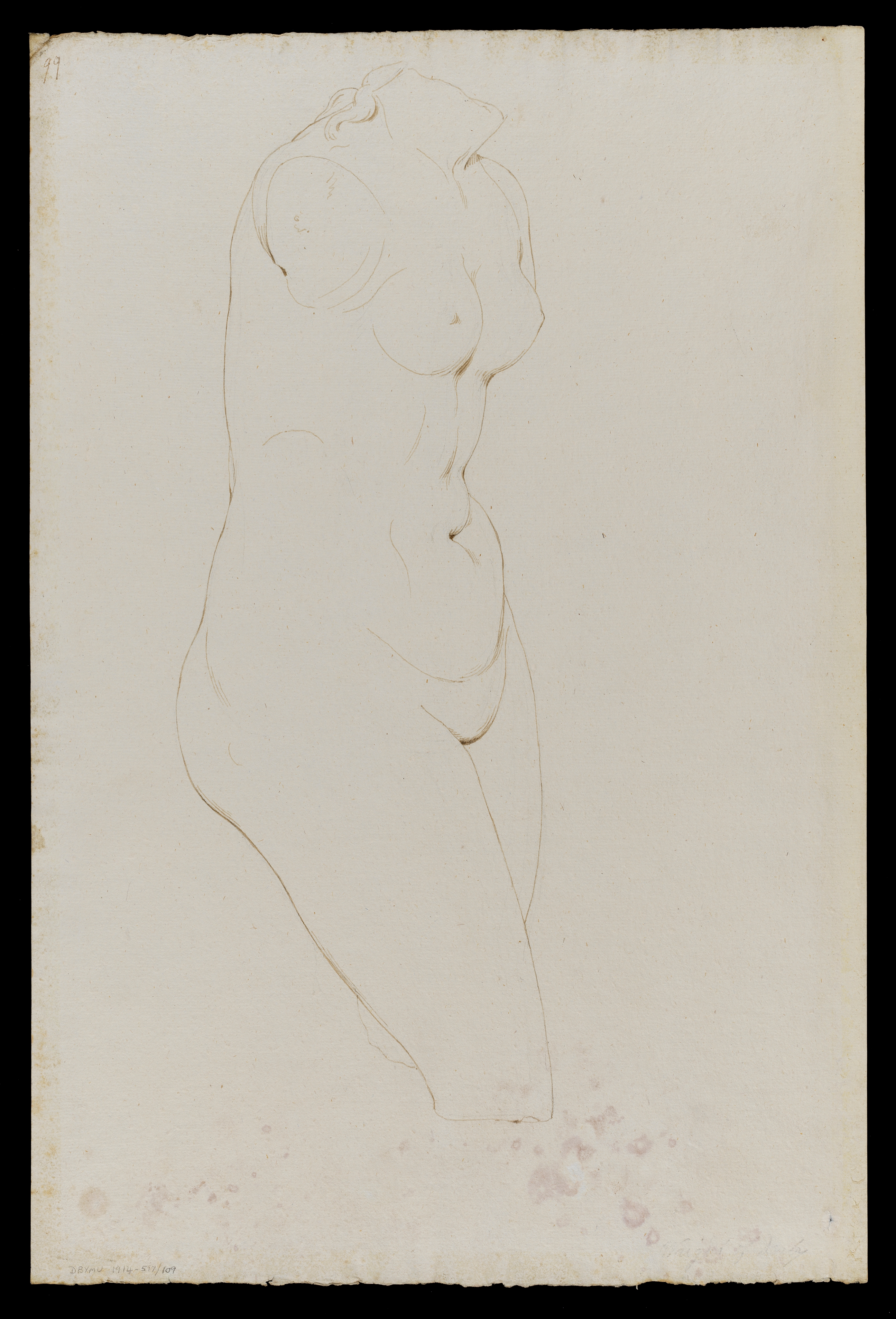 Drawing of a nude female torso and legs, facing right. The drawing is sparse, consisting of little more than the outlines of the figure. Inscribed upper left (handwritten in ink): '99' and lower right (handwritten in pencil): 'Wright of Derby'. DBYMU accession number handwritten in pencil to lower left. The other side of the sheet contains a study of a Figure in a Bacchic Procession, after the Antique. Made by Joseph Wright of Derby (1734 - 1797), c.1774. Pen and ink over pencil on laid paper. Displayed in a cream window mount.