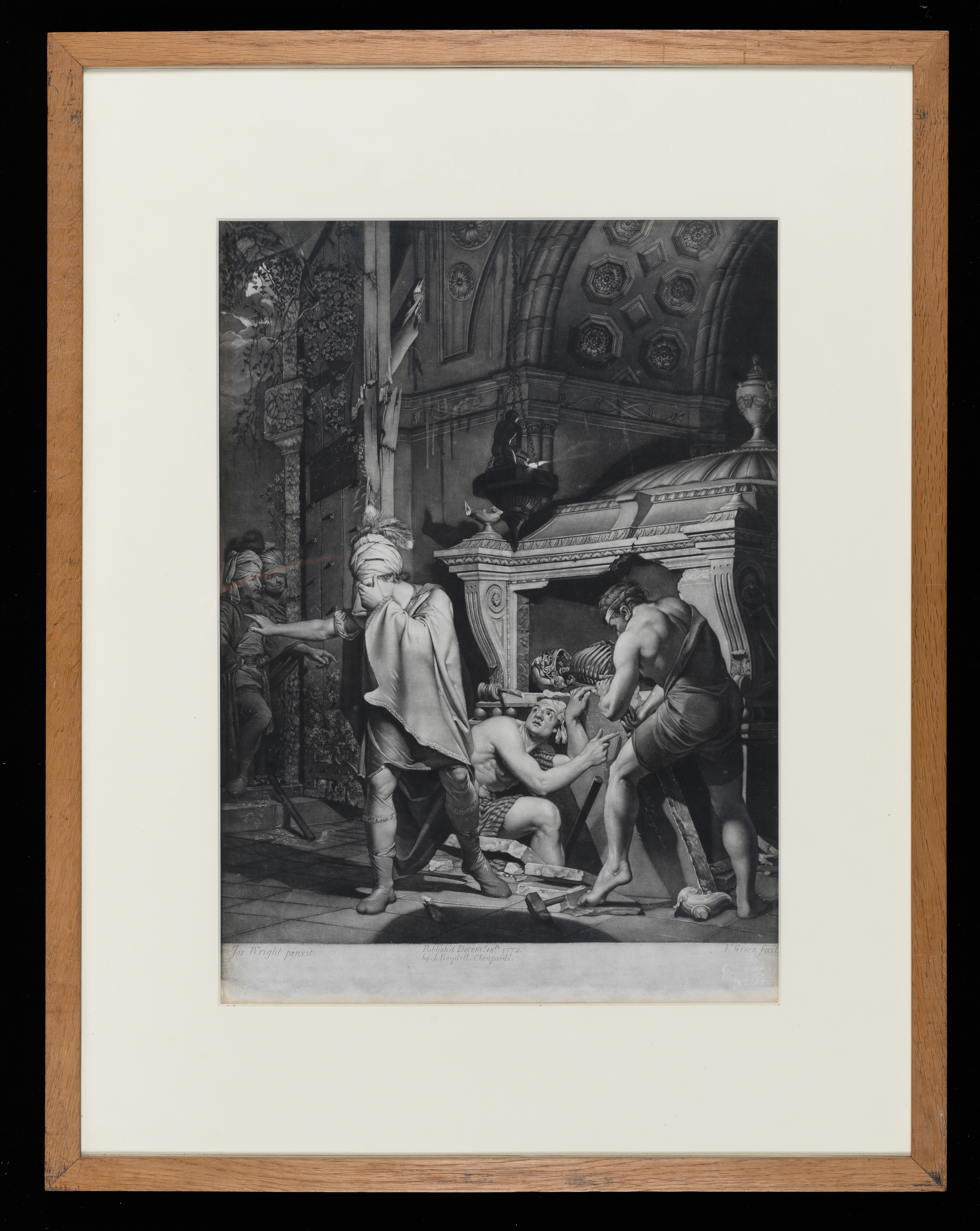 Mezzotint-engraving and etching after Joseph Wright (1734-1797). 'Miravan' The scene from 'An History, Miravan, a young Nobleman of Ingria, Breaking Open the Tomb of his Ancestors in Search of Wealth' The subject of this dramatic painting was drawn from John Gilbert Cooper’s Letters Concerning Taste (1771), a contemporary book of stories which related to the judgement of beauty and utility in the arts. Wright transcribed the story of Miravan into his account book, using it as a point of reference for the completion of his picture: “There dwelt a young Nobleman…named Miravan, who was blessed with health, wit, and beauty…which for some years he enjoy’d with the most uninterrupted satisfaction, till one day walking among the tombs of his ancestors, he observ’d upon one of them the following inscription almost erased by time; ‘in this tomb is a greater treasure than Croesus ever possessed.’ Inflamed…with the very lust of avarice, he caused the pond’rous and marble jaws of his ancestor’s sepulchre to be opened…he was struck speechless with disappointment to behold nothing but a heap of bones…with this inscription: Here would have dwelt eternal repose a treasure which Croesus never possessed which thou hast driven hence being excited by an insatiable love of gold.” Bottom left hand corner 'Jos Wright Pinxit', bottom centre 'Published Decem 18th 1772 by J Boydell, Cheapside', bottom right hand corner 'V Green fecit'; condition : very good - some surface scratches and fade mark along lower edge; sheet height 51.5mm sheet width 62mm, plate height 50.7mm plate width 36mm, image height 46.2mm image width 35.7mm; 'Miravan at the Tomb of his Ancestors'. Made by Valentine Green (1739-1813). Mezzotint-engraving and etching. Paper