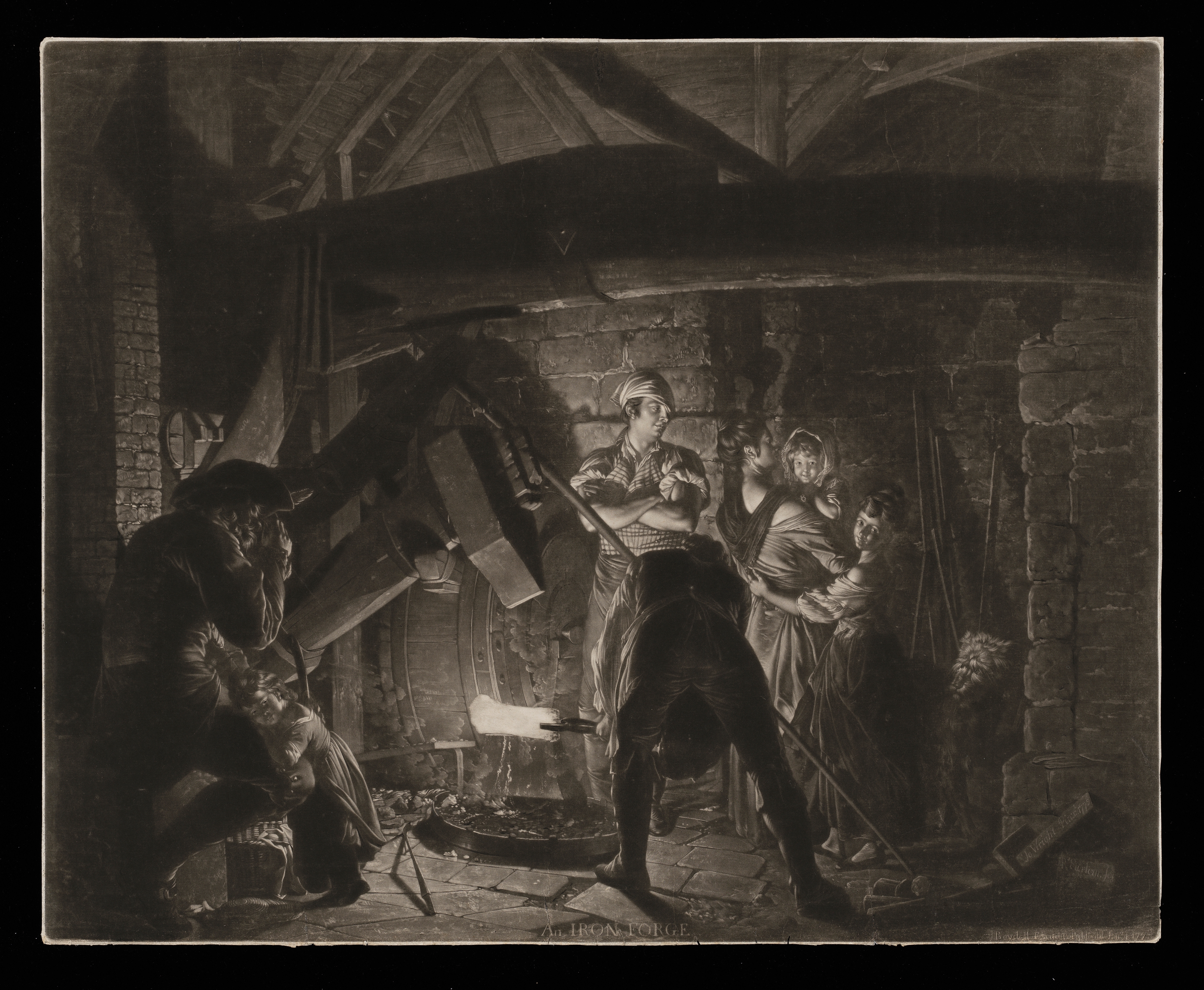 Mezzotint-engraving after Joseph Wright of Derby (1797-1734) 'An Iron Forge'. the interior of an iron forge with water-powered hammer. There are two blacksmiths, one working and the other with a family, a lady with three children and a dog. There is an elderly gentleman sat leaning on a staff with one of the children at his side. Inscribed: bottom centre 'An Iron Forge', bottom right hand side 'Jo Wright pinxt 1772' and 'Rd Earlom fec' and 'J Boydell excudit Jan 1 1773'. Made by Richard Earlom (1743-1822). Mezzotint-engraving and etching. Paper.