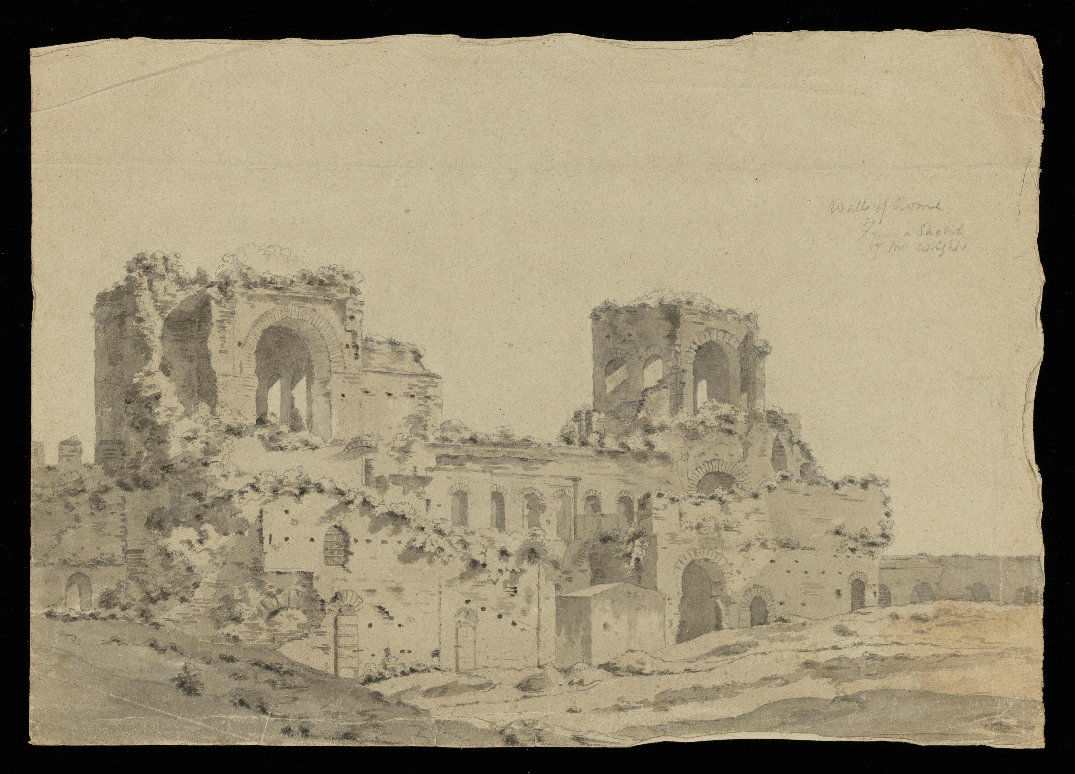 Drawing of ruins, identified as a study of a sketch of the ancient walls of Rome made by Joseph Wright of Derby. Inscribed on recto, to upper right (handwritten in pencil): 'Walls of Rome, From a sketch of Mr Wright', and on the verso (handwritten in ink): 'Ancient Walls of Rome - / from a Sketch of Mr. Wrights - Augst. 17th - 1782 -'. Made by an unknown artist, after Joseph Wright of Derby (1734-1797), 1782. Ink washes over pencil on laid paper. Displayed in a cream window mount.