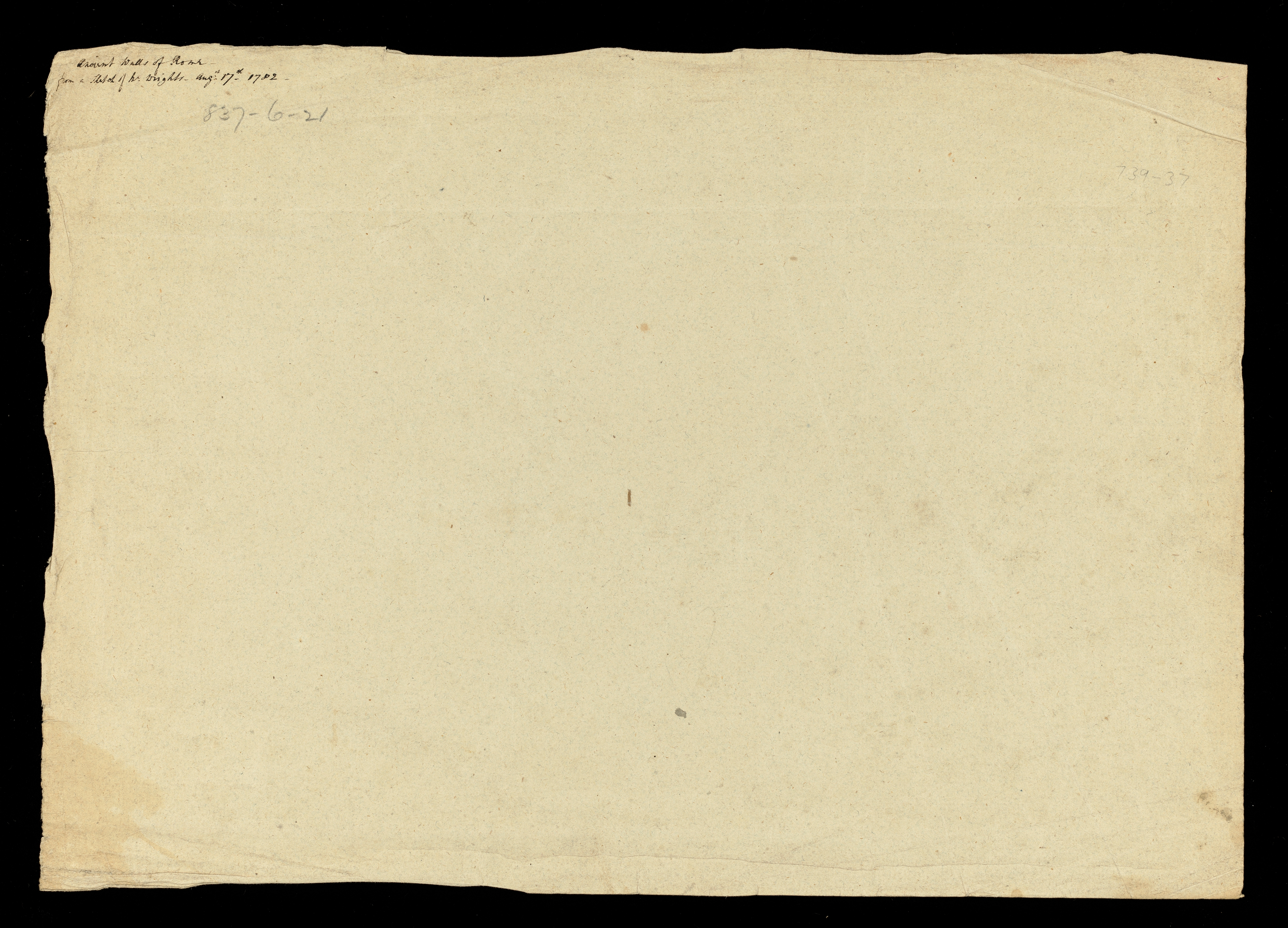 Drawing of ruins, identified as a study of a sketch of the ancient walls of Rome made by Joseph Wright of Derby. Inscribed on recto, to upper right (handwritten in pencil): 'Walls of Rome, From a sketch of Mr Wright', and on the verso (handwritten in ink): 'Ancient Walls of Rome - / from a Sketch of Mr. Wrights - Augst. 17th - 1782 -'. Made by an unknown artist, after Joseph Wright of Derby (1734-1797), 1782. Ink washes over pencil on laid paper. Displayed in a cream window mount.