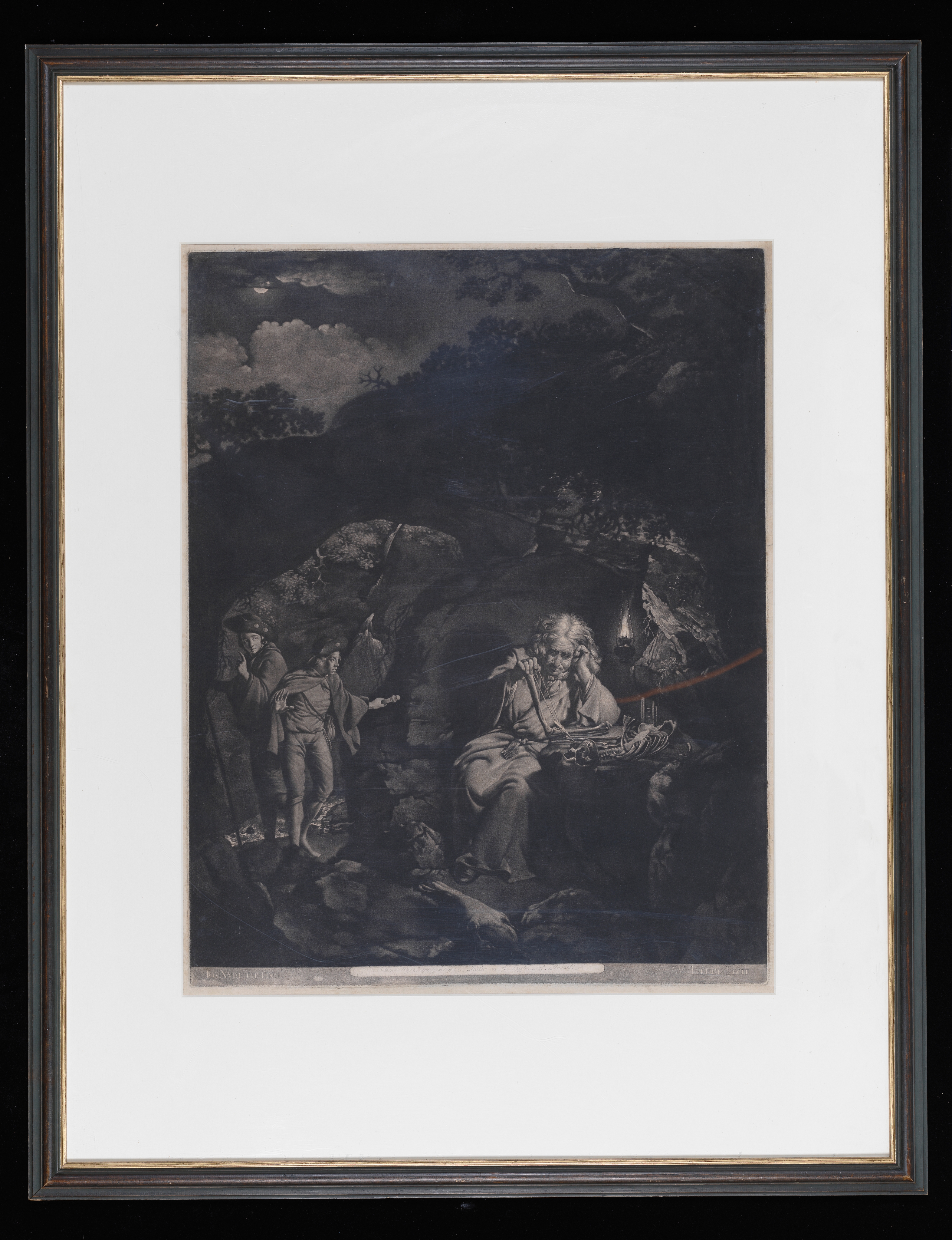 Engraving after Joseph Wright of Derby (1734 - 1797); 'The Hermit'. Painting of a man in a nocturnal landscape, studying a human skeleton by the light of an oil lamp. He sits within a cave, wearing a brown robe tied at the waist, surrounded by emblems of mortality, including animal bones and an hour glass. To his right, two young men, wearing cockle shells in their hats, move towards him with cautious steps. Inscribed: bottom right 'Jos. Wright Pinx' bottom left 'W. Pether Fecit' middle centre 'Published May 14th 1770 & Sold by W. Pether in G. Russel St, Bloomsbury' scratched in pencil. Made by William Pether (1738-1821). Mezzontint and etching. Paper.