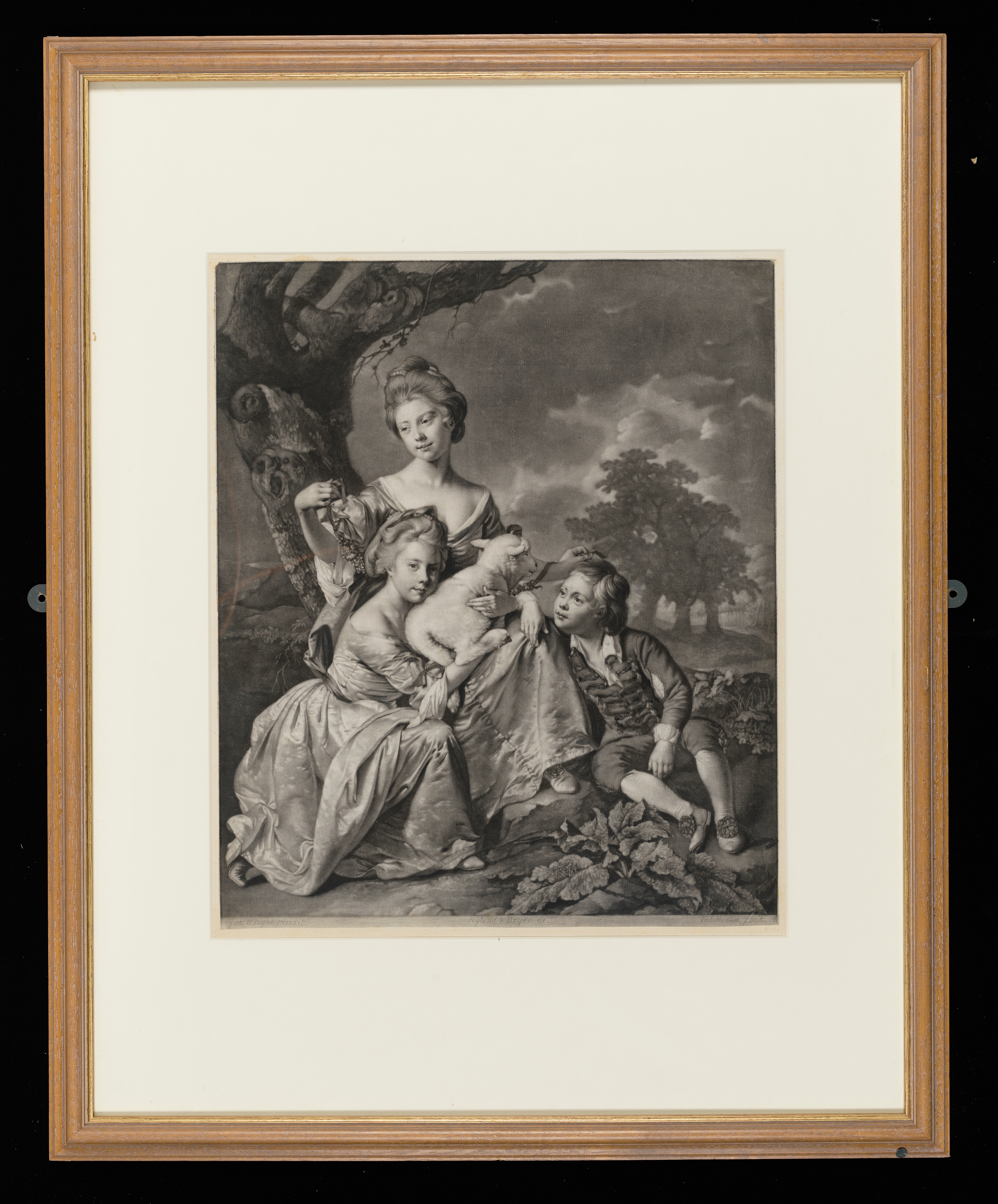 Engraving after Joseph Wright of Derby (1734 - 1797), 'The Bradshaw Children'; Portrait of the Bradshaw children, Francis, Annie and Frances (of Joseph Bradshaw of Holbrook, previously Baggaley) with a lamb. Inscribed scratched in pencil: bottom left 'Jos. Wright' bottom right Val Green Fecit' middle centre ' Ryland & Bryer'. Made by Valentine Green (1739-1813). Mezzotint engraving and etching.