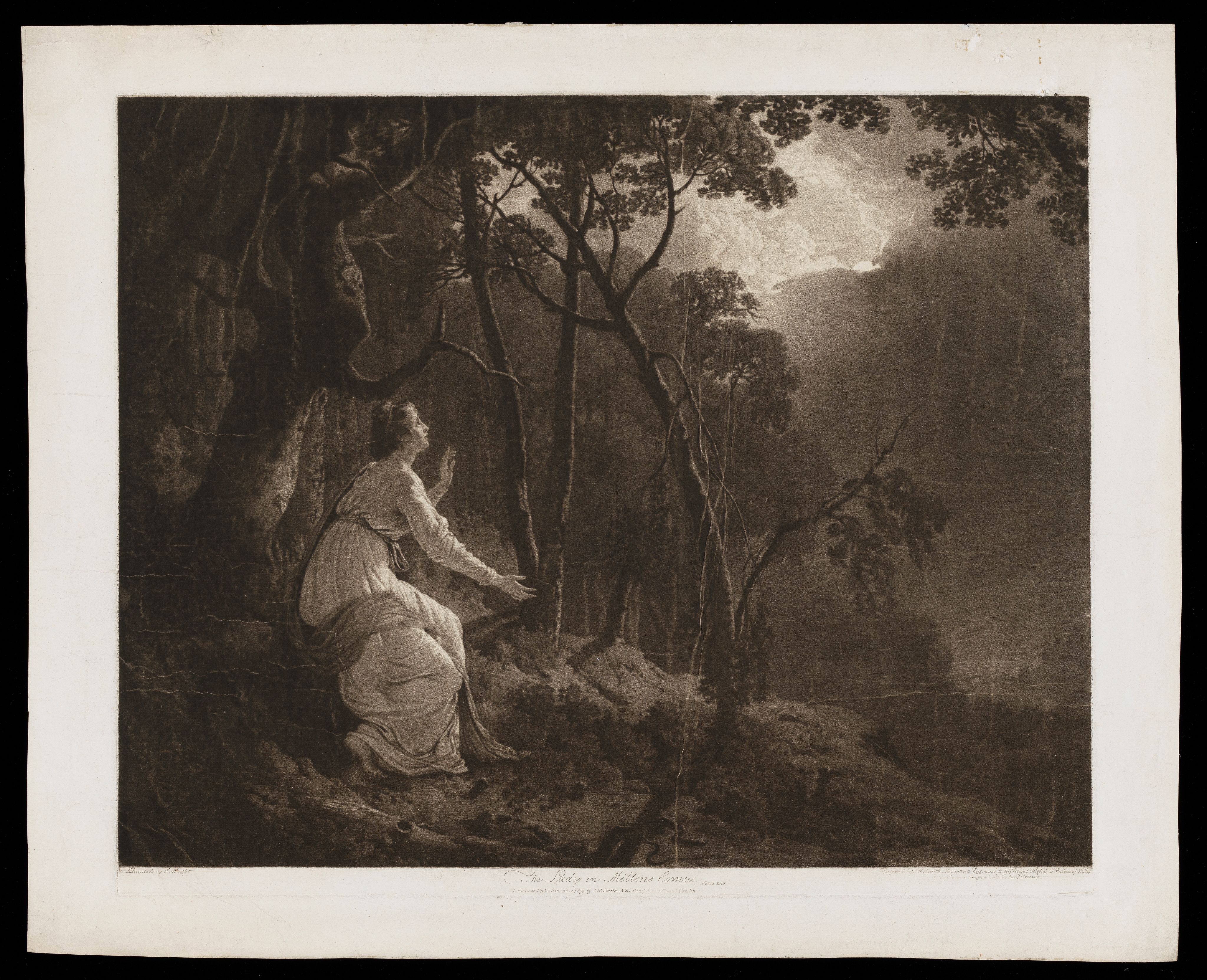 Engraving after Joseph Wright of Derby (1734 - 1797), 'The Bradshaw Children'; Portrait of the Bradshaw children, Francis, Annie and Frances (of Joseph Bradshaw of Holbrook, previously Baggaley) with a lamb. Inscribed scratched in pencil: bottom left 'Jos. Wright' bottom right Val Green Fecit' middle centre ' Ryland & Bryer'. Made by Valentine Green (1739-1813). Mezzotint engraving and etching.