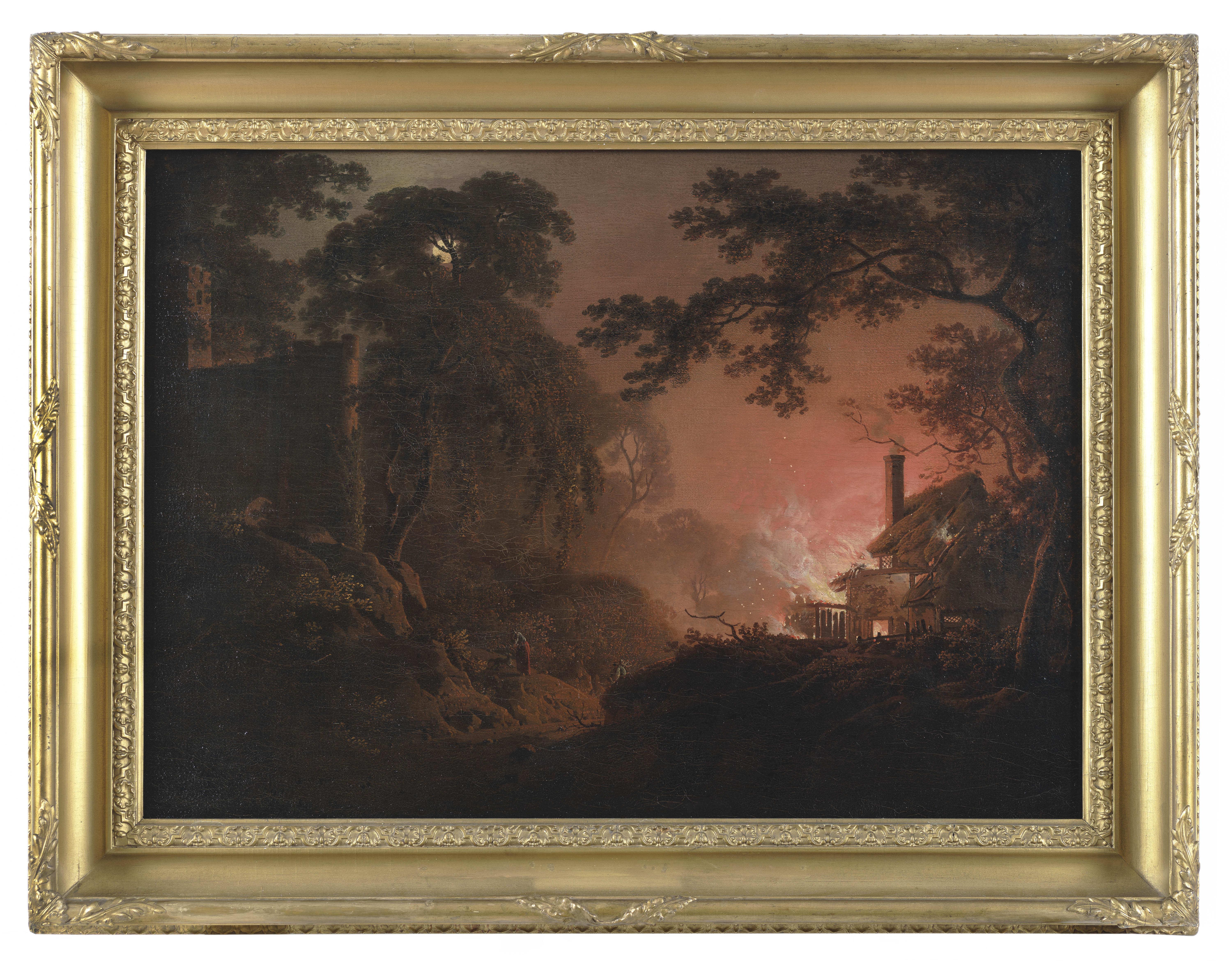 Painting of a cottage on fire, by night. The cottage is situated within wooded surroundings and occupies the lower right hand corner of the canvas. The fire illuminates some ruins on an opposite bank, to the left of the cottage. Between them, the figures of a man, woman and dog - presumably the cottage's occupants - scramble away to safety. The dog turns its head to the left; its attention caught by something unseen within the ruins. Above, a full moon is visible through the trees. Signed and dated in the lower left hand corner of the canvas:  'I W Pinxt. 1793'. Painted by Joseph Wright of Derby (1734 - 1797). Oil on canvas in gilded frame.