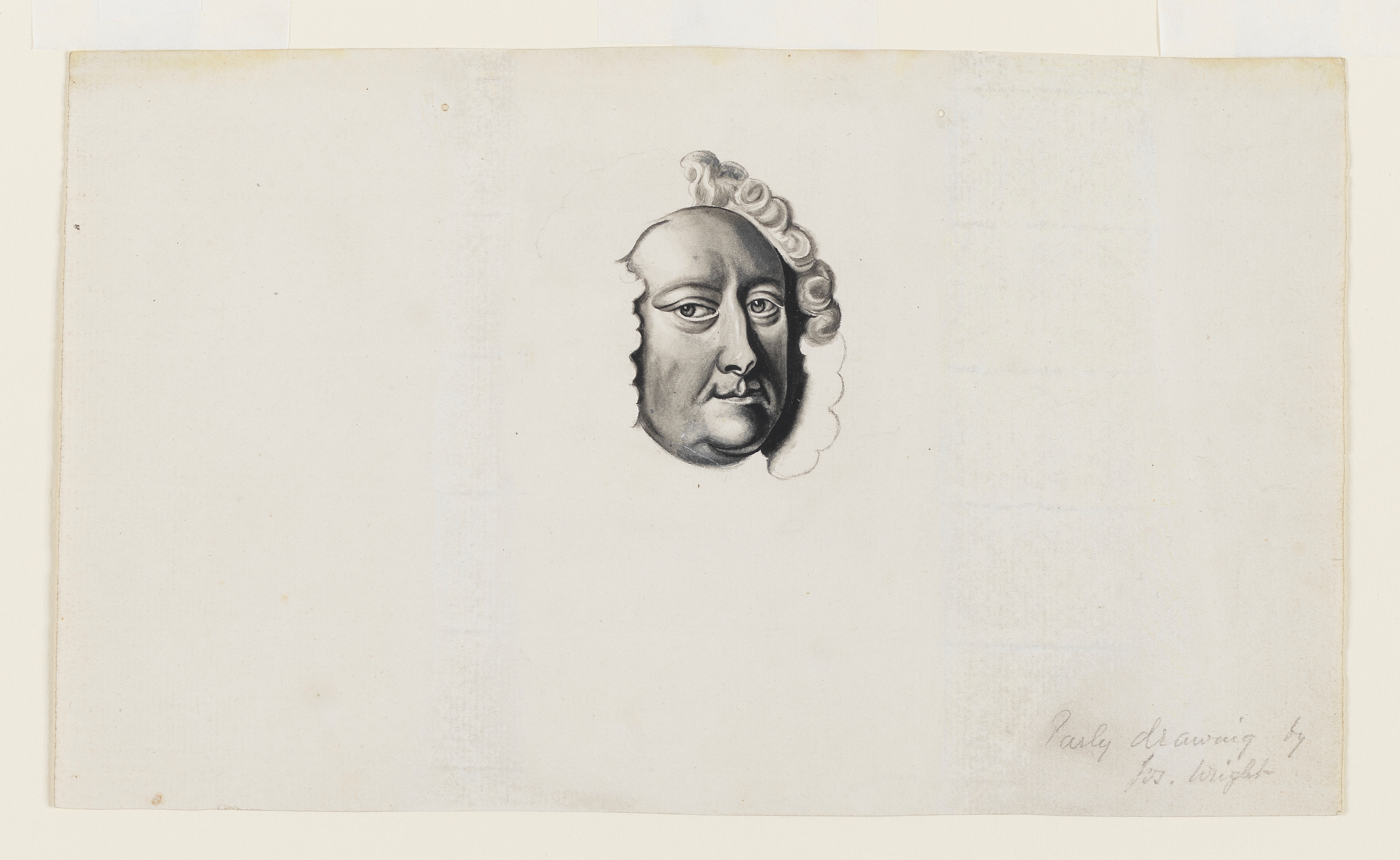 An unfinished drawing which is a 'Portrait of Archbishop Hutton' after an engraving by John Faber Junior (1684-1756).  An early work by Wright possibly copied from a mezzotint engraving. Drawn by Joseph Wright of Derby (1734 - 1797), c.1748. Pencil, pen and ink wash on paper. Displayed in a cream window mount.