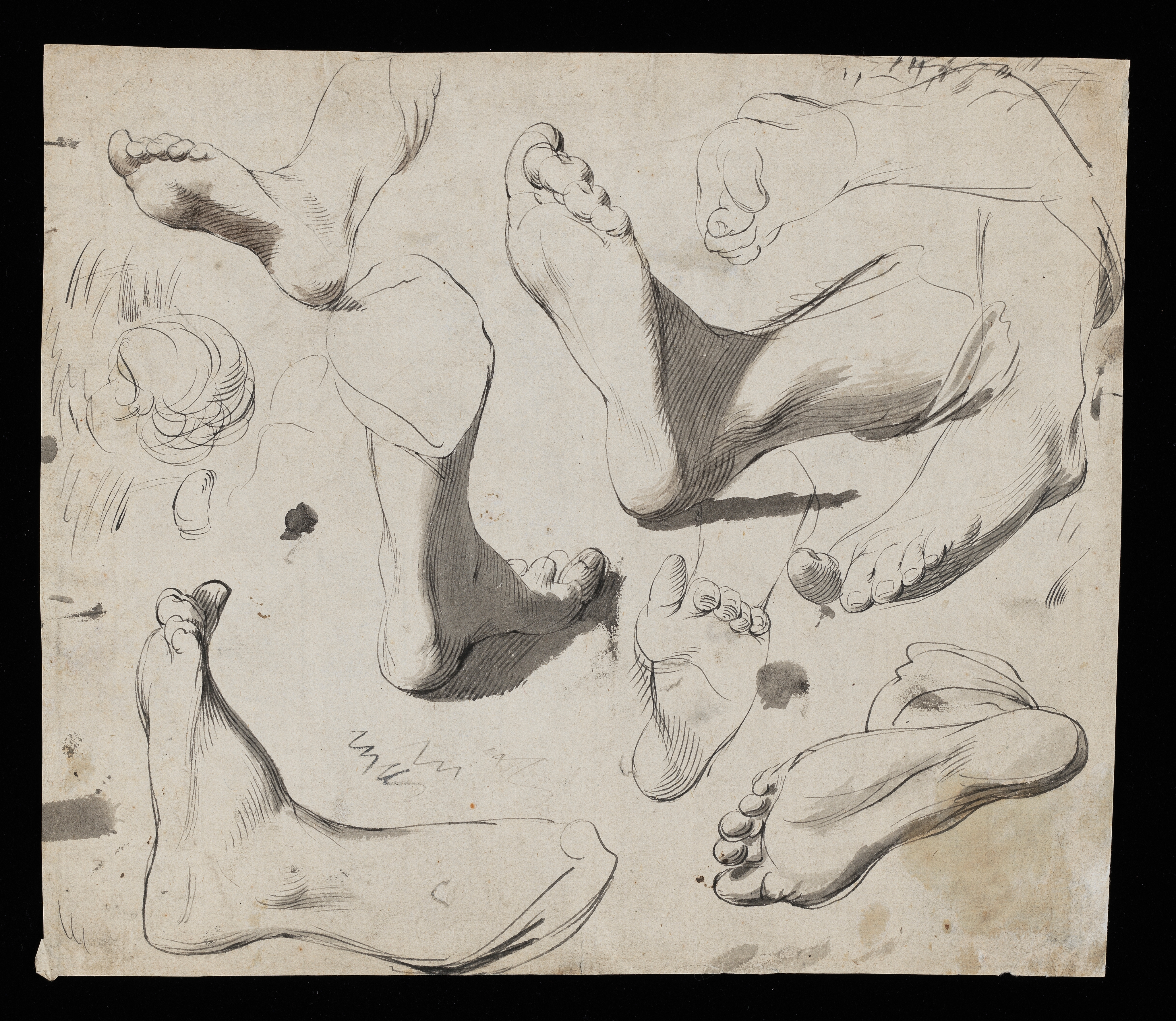 An unfinished drawing which is a 'Portrait of Archbishop Hutton' after an engraving by John Faber Junior (1684-1756).  An early work by Wright possibly copied from a mezzotint engraving. Drawn by Joseph Wright of Derby (1734 - 1797), c.1748. Pencil, pen and ink wash on paper. Displayed in a cream window mount.