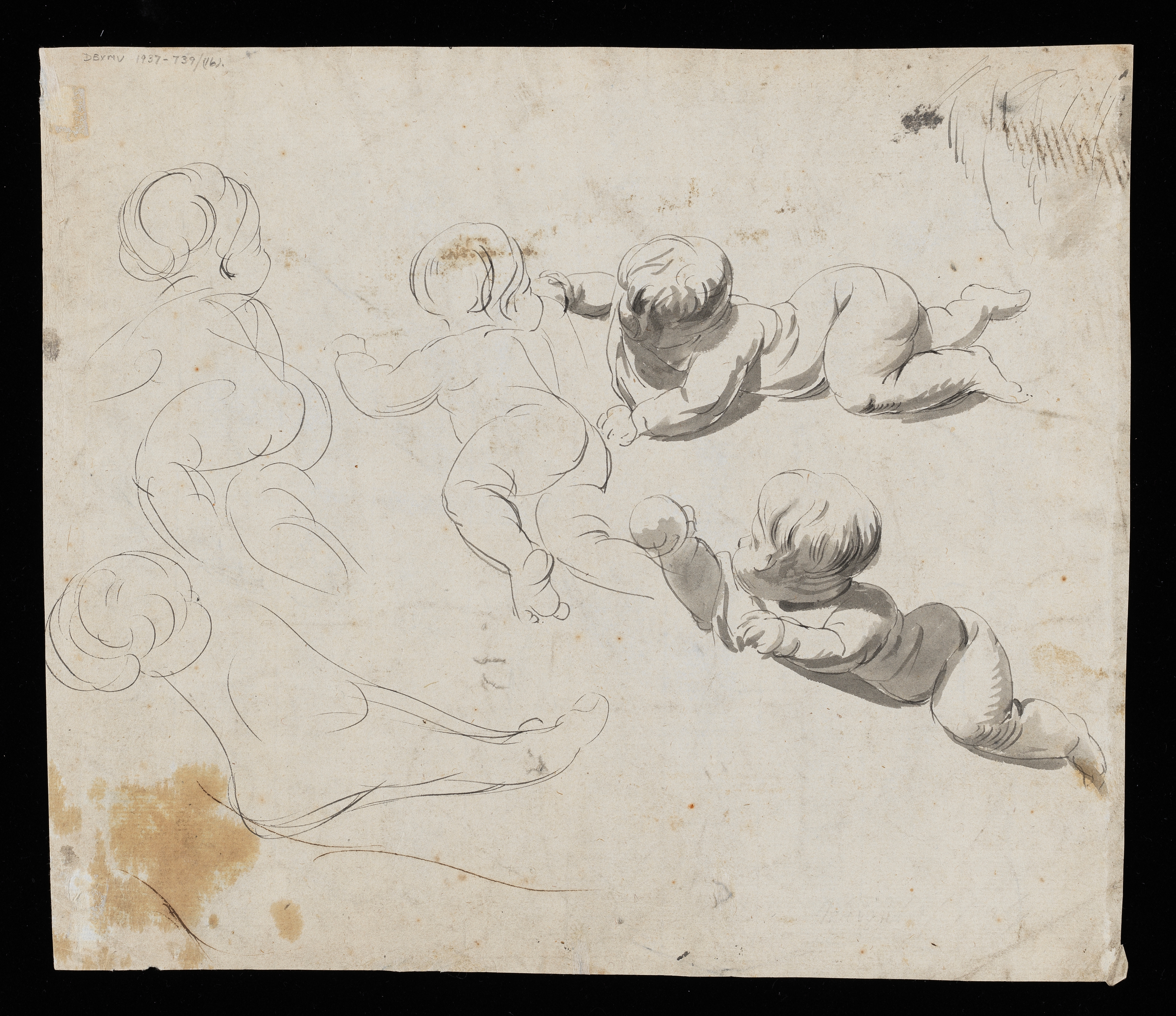 An unfinished drawing which is a 'Portrait of Archbishop Hutton' after an engraving by John Faber Junior (1684-1756).  An early work by Wright possibly copied from a mezzotint engraving. Drawn by Joseph Wright of Derby (1734 - 1797), c.1748. Pencil, pen and ink wash on paper. Displayed in a cream window mount.