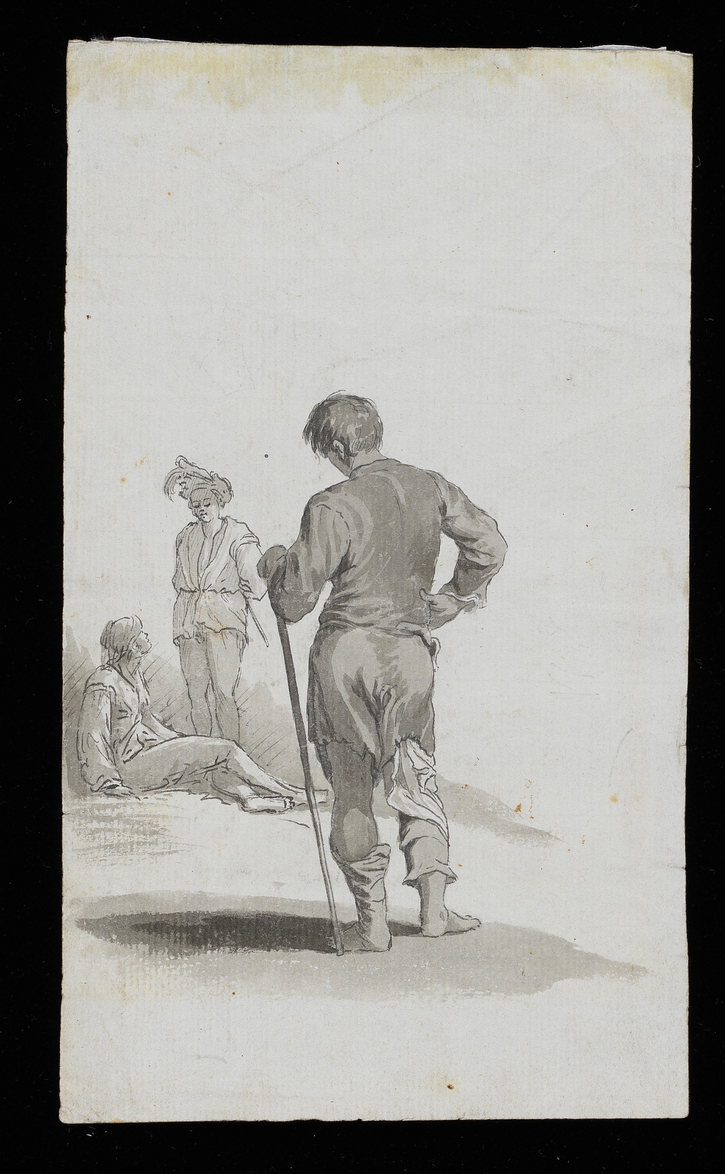 An unfinished drawing which is a 'Portrait of Archbishop Hutton' after an engraving by John Faber Junior (1684-1756).  An early work by Wright possibly copied from a mezzotint engraving. Drawn by Joseph Wright of Derby (1734 - 1797), c.1748. Pencil, pen and ink wash on paper. Displayed in a cream window mount.