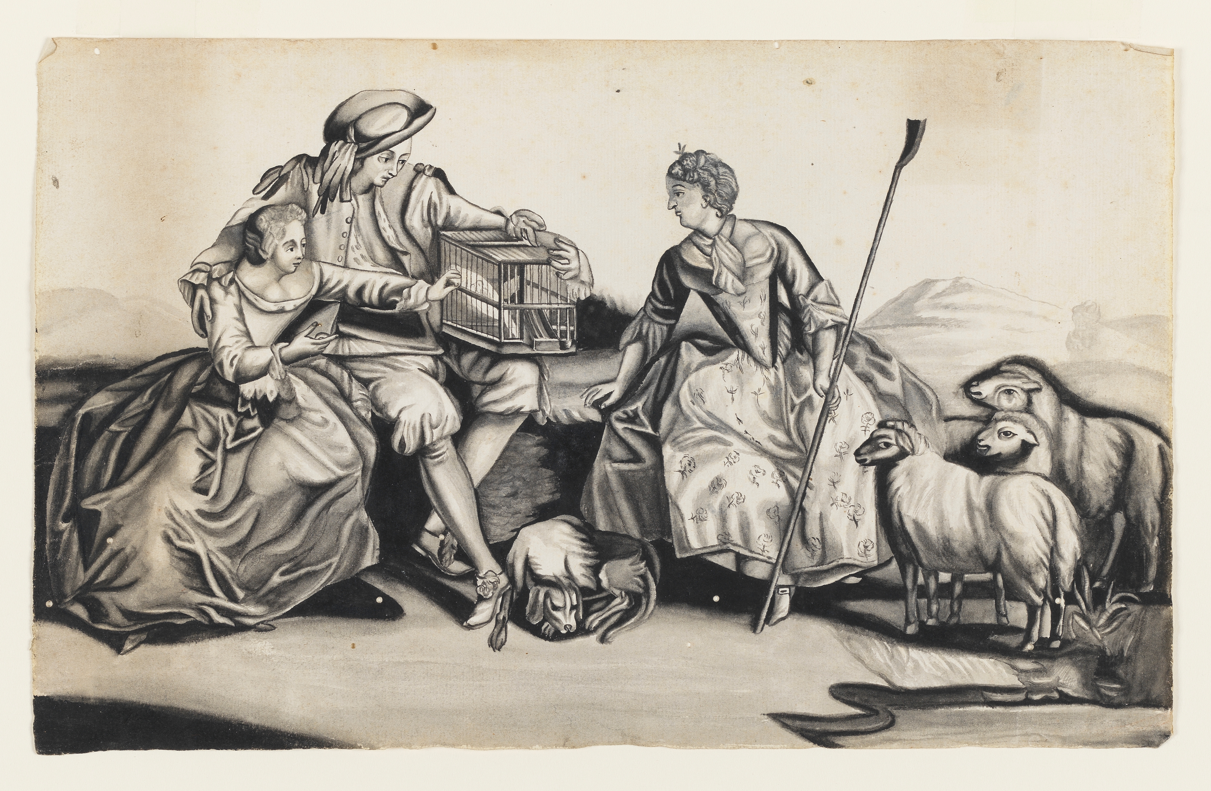 An unfinished drawing which is a 'Portrait of Archbishop Hutton' after an engraving by John Faber Junior (1684-1756).  An early work by Wright possibly copied from a mezzotint engraving. Drawn by Joseph Wright of Derby (1734 - 1797), c.1748. Pencil, pen and ink wash on paper. Displayed in a cream window mount.