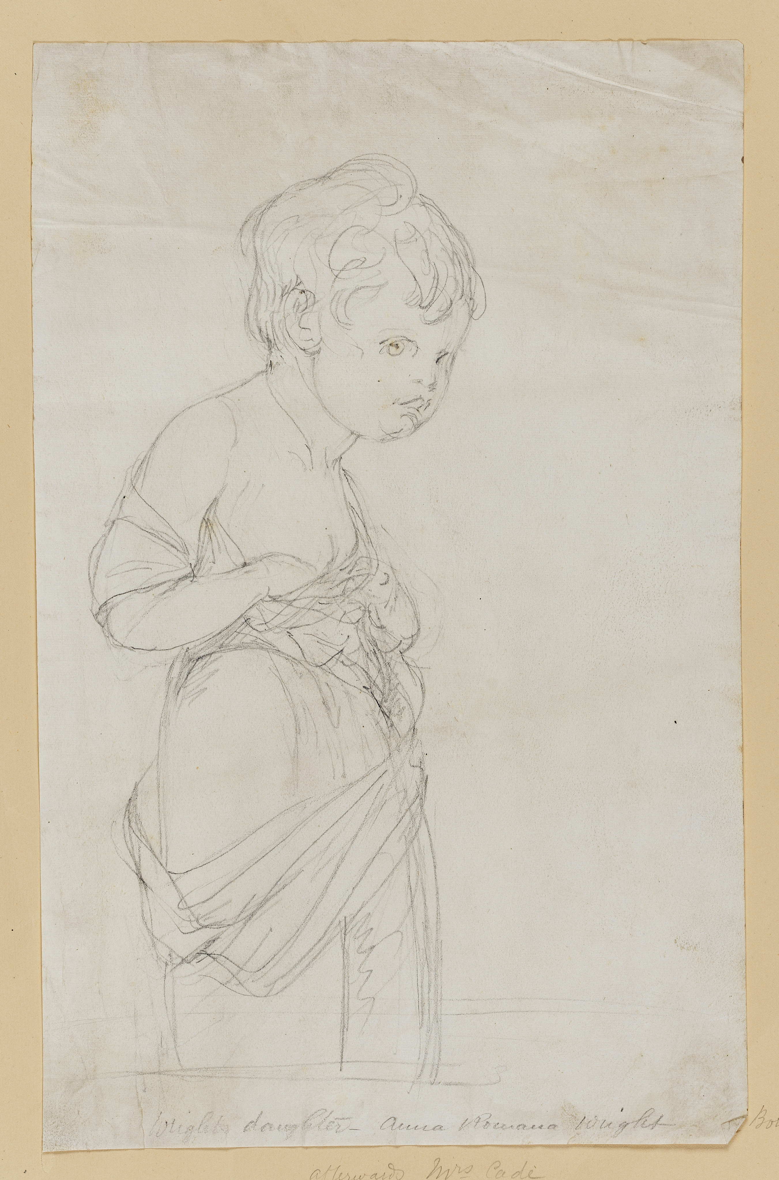 Drawing of a child, facing right, identified as a study for a portrait of the artist's daughter, Anna Romana Wright. Inscribed on the recto, along the bottom edge (handwritten in pencil): 'Wright's daughter Anna Romana Wright Born at Rome', and beneath the sheet, on the mount (handwritten in pencil): 'afterwards Mrs Cade'. Made by Joseph Wright of Derby (1734 - 1797), c.1776 - 1777. Pencil and conte crayon on paper. Displayed in a cream window mount.