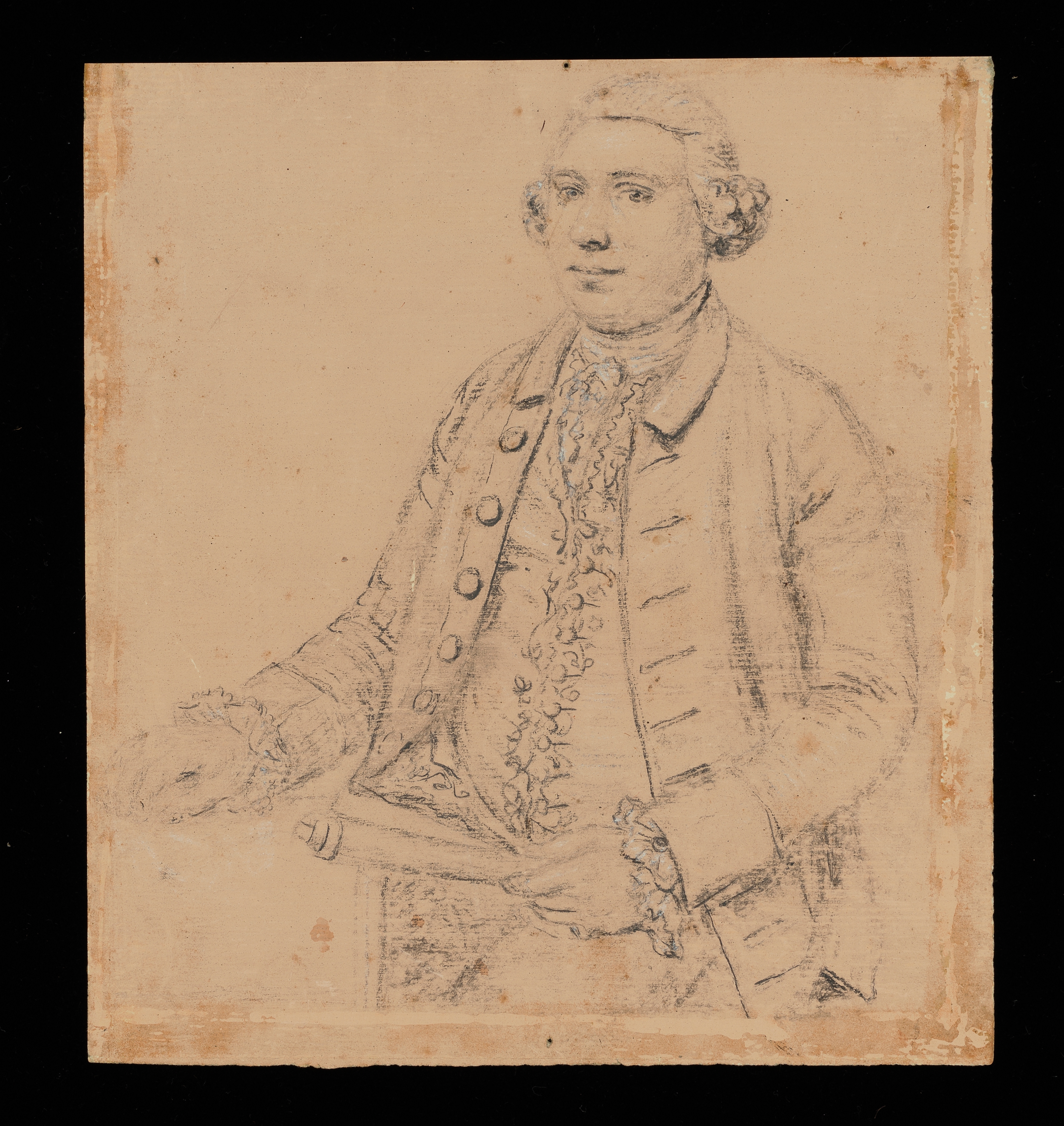 Drawing of a man, to waist, facing left. His hair is dressed with side curls and he wears a coat with a collar and an embroidered waistcoat. He holds a baton in his left hand. Inscribed on the verso (handwritten in ink): 'Mr Cade/1775', and below, in a different hand: 'Written in Joseph Wright's/handwriting/supposed [illegible] the Rev John Cade/of Spondon/L.L.S.' Also handwritten in pencil 'Lot 20'. Made by an unknown artist, possibly after Joseph Wright of Derby (1734-1797), c.1775. Pencil, white heightening and charcoal(?) on pink paper. Unmounted.