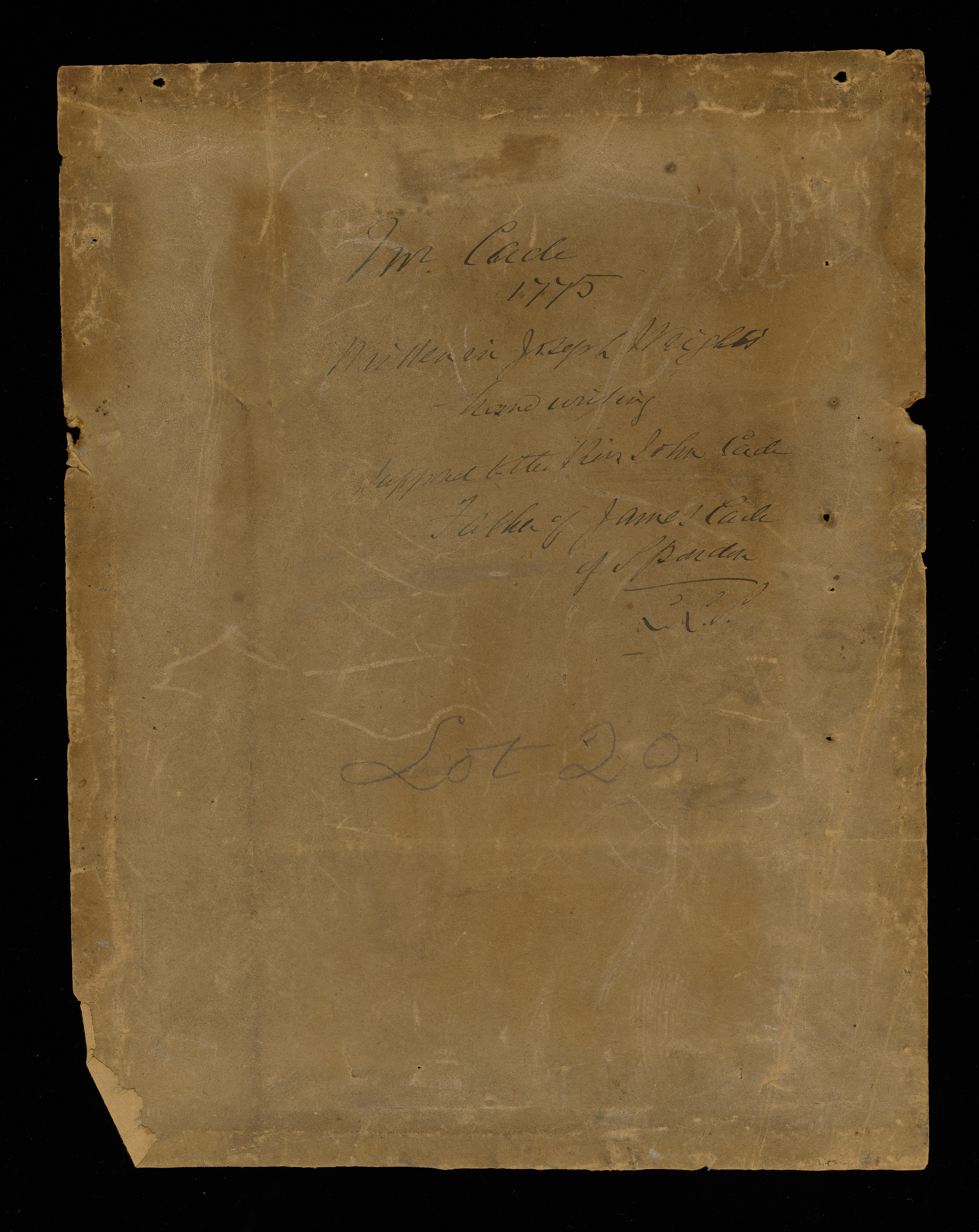 Drawing of a man, to waist, facing left. His hair is dressed with side curls and he wears a coat with a collar and an embroidered waistcoat. He holds a baton in his left hand. Inscribed on the verso (handwritten in ink): 'Mr Cade/1775', and below, in a different hand: 'Written in Joseph Wright's/handwriting/supposed [illegible] the Rev John Cade/of Spondon/L.L.S.' Also handwritten in pencil 'Lot 20'. Made by an unknown artist, possibly after Joseph Wright of Derby (1734-1797), c.1775. Pencil, white heightening and charcoal(?) on pink paper. Unmounted.