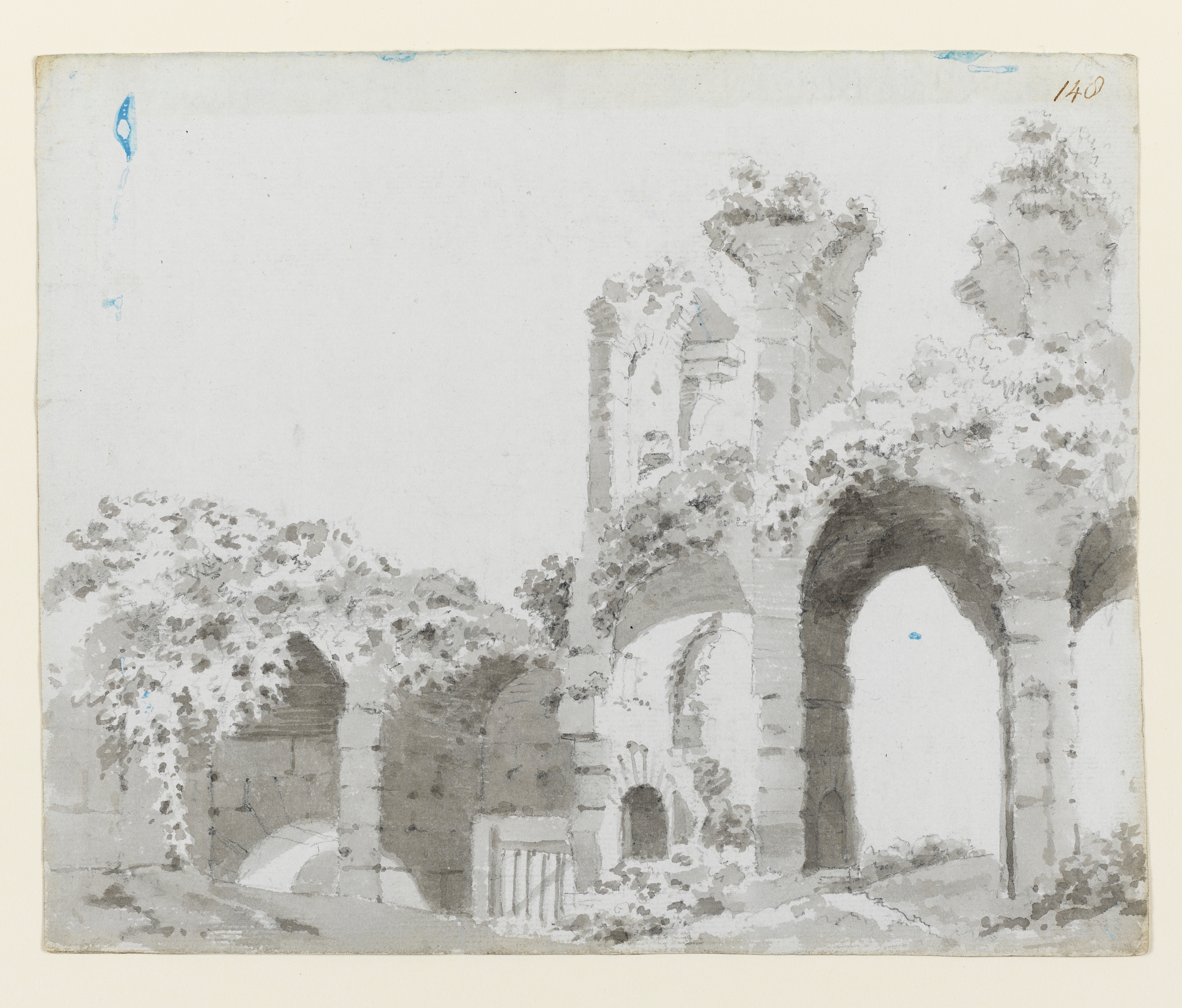Drawing of architectural ruins, partly covered by foliage. The verso of the paper is prepared with blue wash (some of this blue wash mainly top right and along top edge). Inscribed top right (handwritten in ink): ‘148’. Made by Joseph Wright of Derby (1734-1797), c. 1774-1775. Ink wash over pencil on paper. Displayed in a cream window mount.
