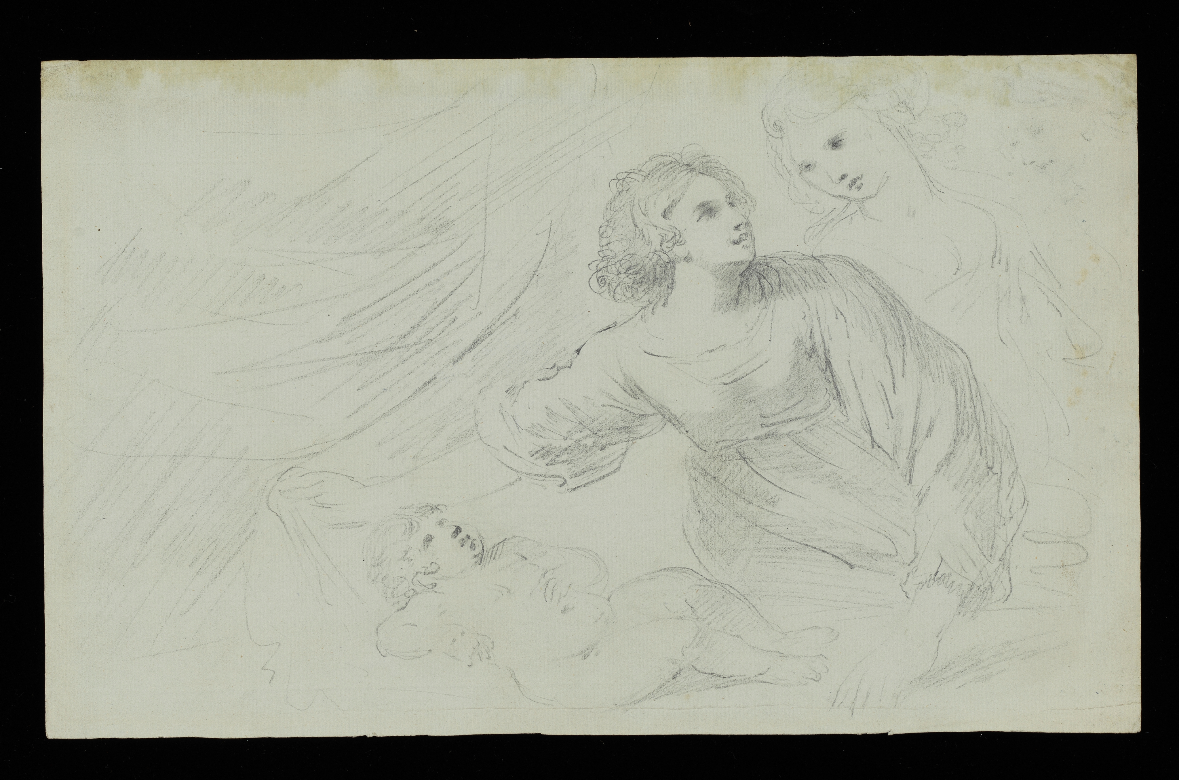 Drawing of a child, facing right, identified as a study for a portrait of the artist's daughter, Anna Romana Wright. Inscribed on the recto, along the bottom edge (handwritten in pencil): 'Wright's daughter Anna Romana Wright Born at Rome', and beneath the sheet, on the mount (handwritten in pencil): 'afterwards Mrs Cade'. Made by Joseph Wright of Derby (1734 - 1797), c.1776 - 1777. Pencil and conte crayon on paper. Displayed in a cream window mount.