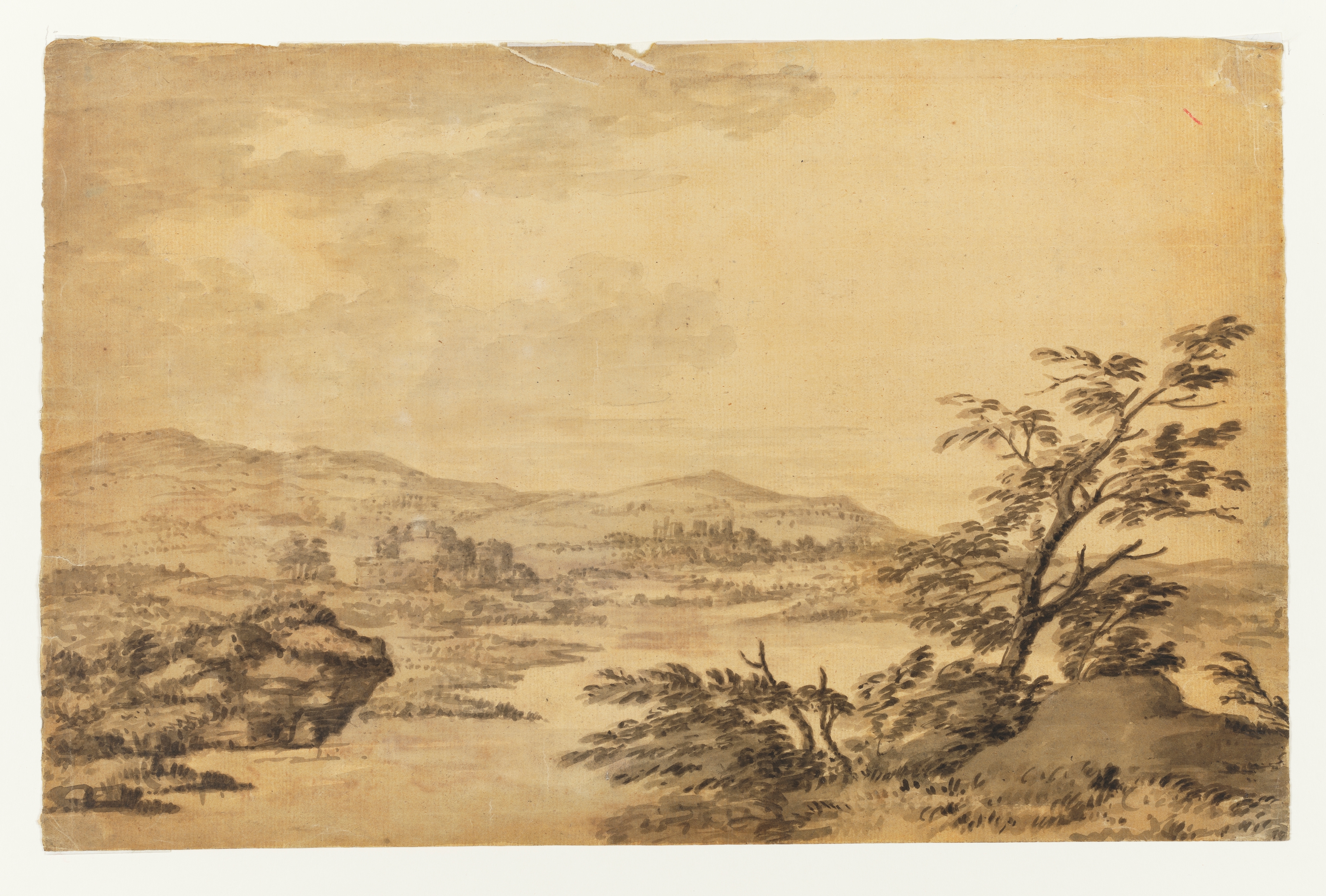 Drawing of a landscape with a lake or river, hills to the left, and a rock and trees to the right. Identified as an invented landscape based on an earlier, rough sketch. Made by Joseph Wright of Derby (1734 - 1797), c.1770. Black ink and sepia ink washes on laid paper. Displayed in a cream window mount.