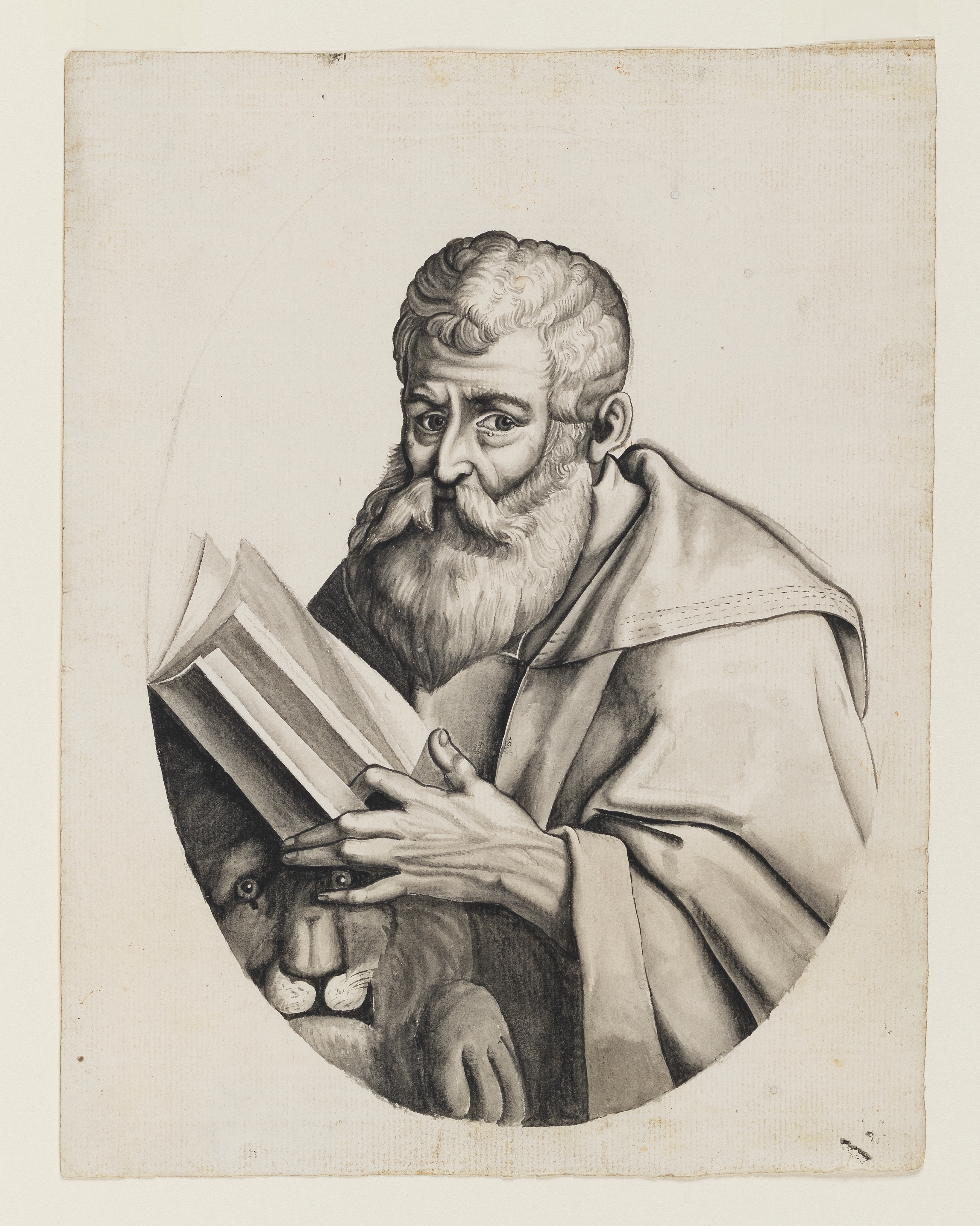 Drawing of a man, identified as St Mark, holding a book, and accompnaied by a lion. Set within an oval. Made by Joseph Wright of Derby (1734-1797), c. 1750. Pen and ink and ink wash over pencil on laid paper. Displayed in a cream window mount.