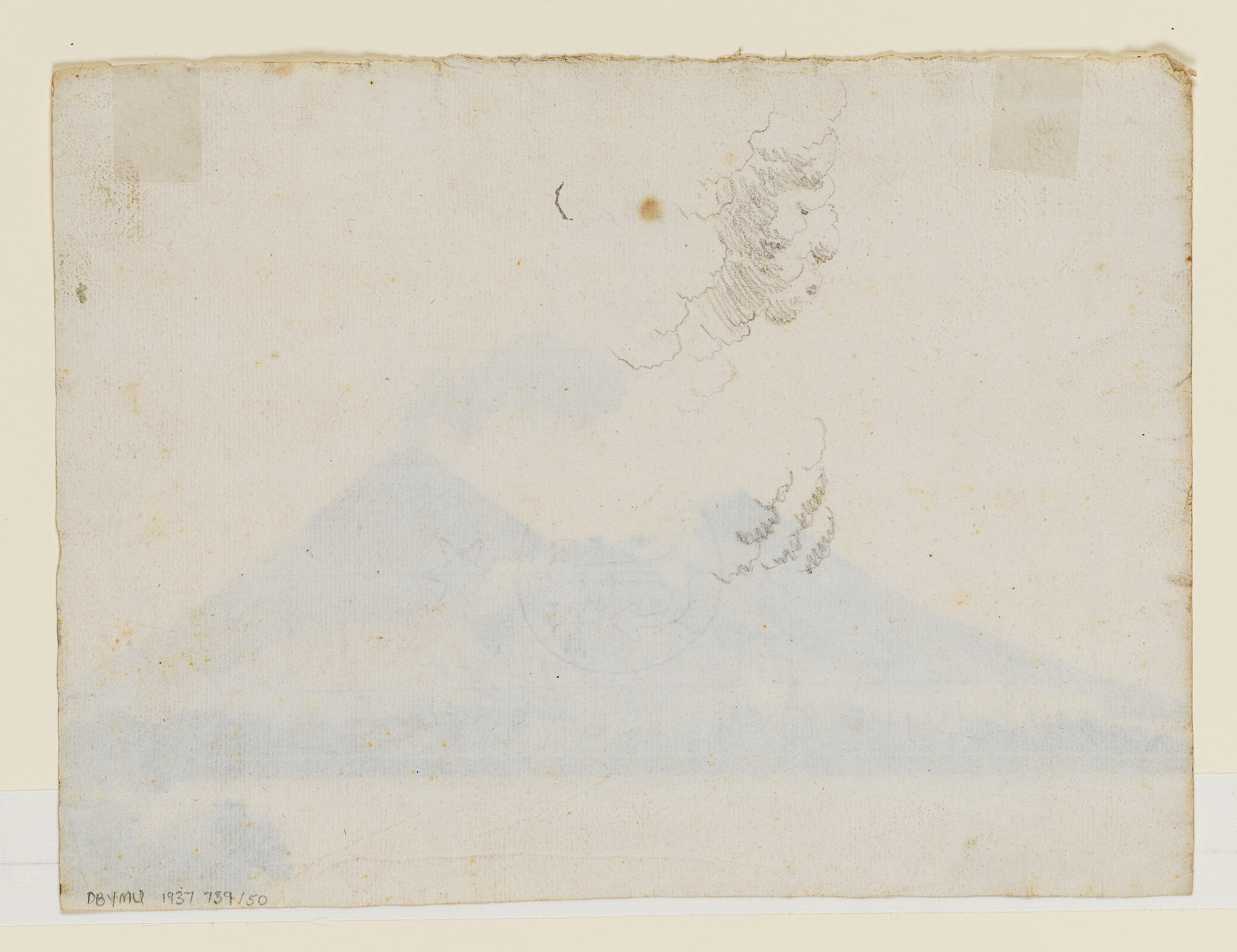 Drawing of foliage or possibly smoke plumes. Inscribed with accession number in pencil. Watermark visible in centre of sheet. Made by Joseph Wright of Derby (1734-1797), c. 1774-1775. Pencil on laid paper. Displayed in a cream window mount.