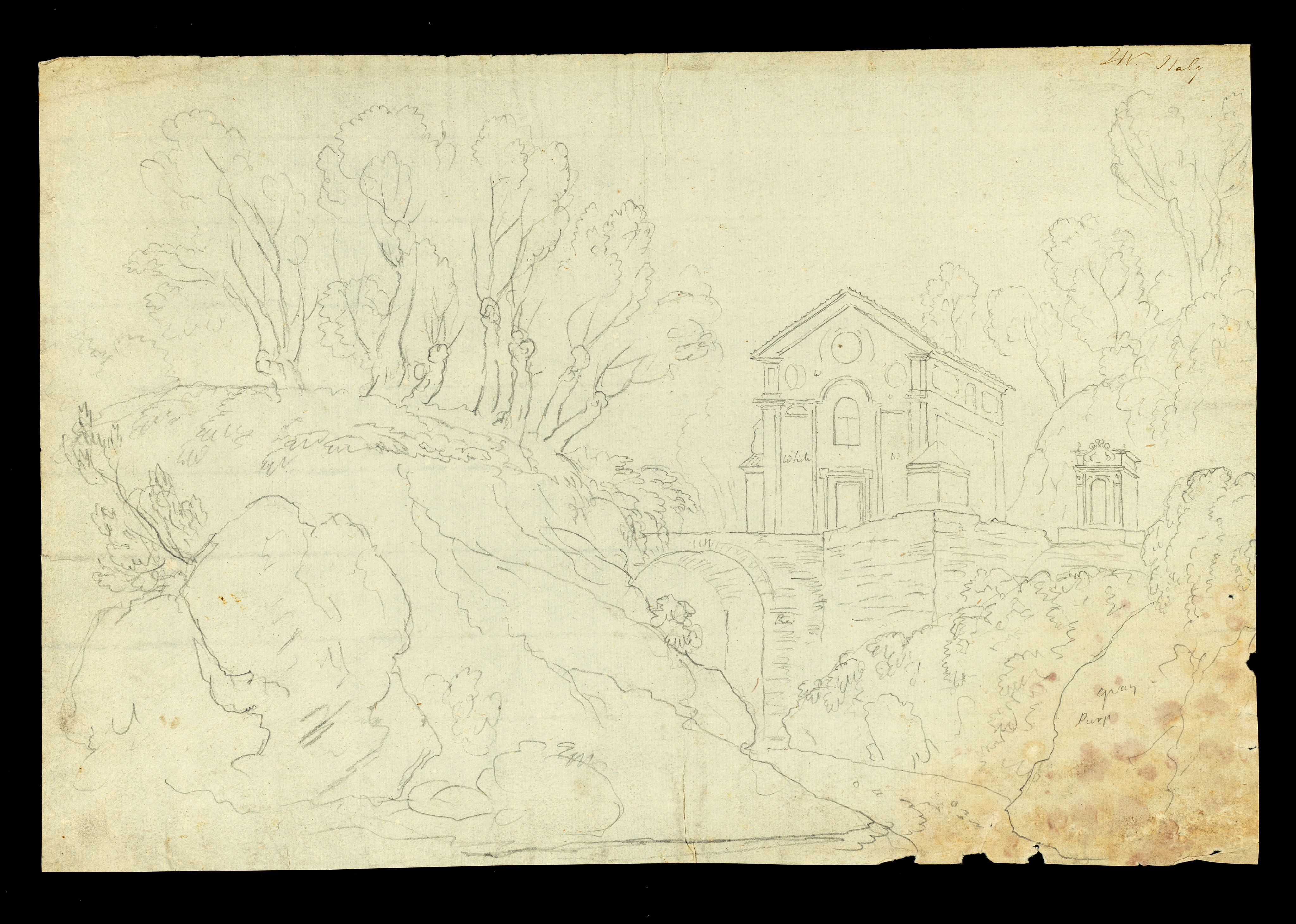 Drawing of a landscape featuring a river running through a gorge, with high tree-lined cliffs/banks to either side, possibly in Italy. To the right is a church and shrine, accessed by a bridge. Inscribed top right (handwritten in ink): 'JW Italy'. Also, colour notes handwritten in pencil on the drawing: 'Gray'[sic]; 'Purp'; 'White'; 'W'; 'Red'. Made by Joseph Wright of Derby (1734-1797), c. 1774-1775. Pencil and on cream laid paper.
