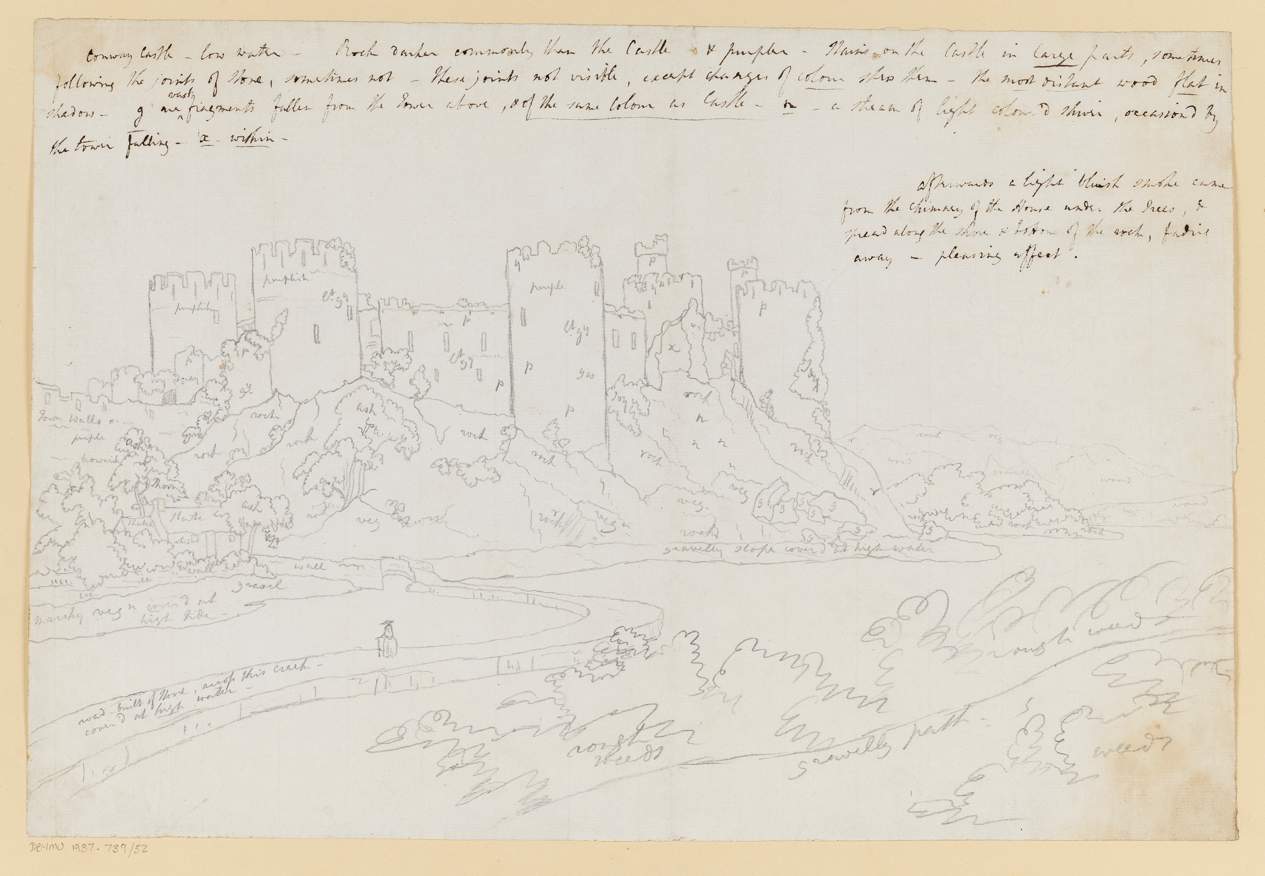 Drawing of a castle withn a landscape, identified as Conwy Castle, in Wales. Inscribed above drawing (handwritten in ink): 'Conway Caslte - low water - Rock darker commonly than the Castle and purpler. Stains on the Castle in large parts, sometimes following the joints of stone - These joints not visible, except changes of colour (?) them - the most distant wood flat in shadow, eg are vast fragments fallen from the tower above, and of the same colour as Caslte - a - a stream of light coloured (?), occassiond by the tower falling -x- within -...afterwards a light bluish smoke came from the chimney of the house under the trees & spread along the shore & bottom of the rock, fading away - pleasing effect.' And colour notes throughout the drawing. Made by Joseph Wright of Derby (1734-1797), c. 1790s. Pencil and pen and ink on paper.