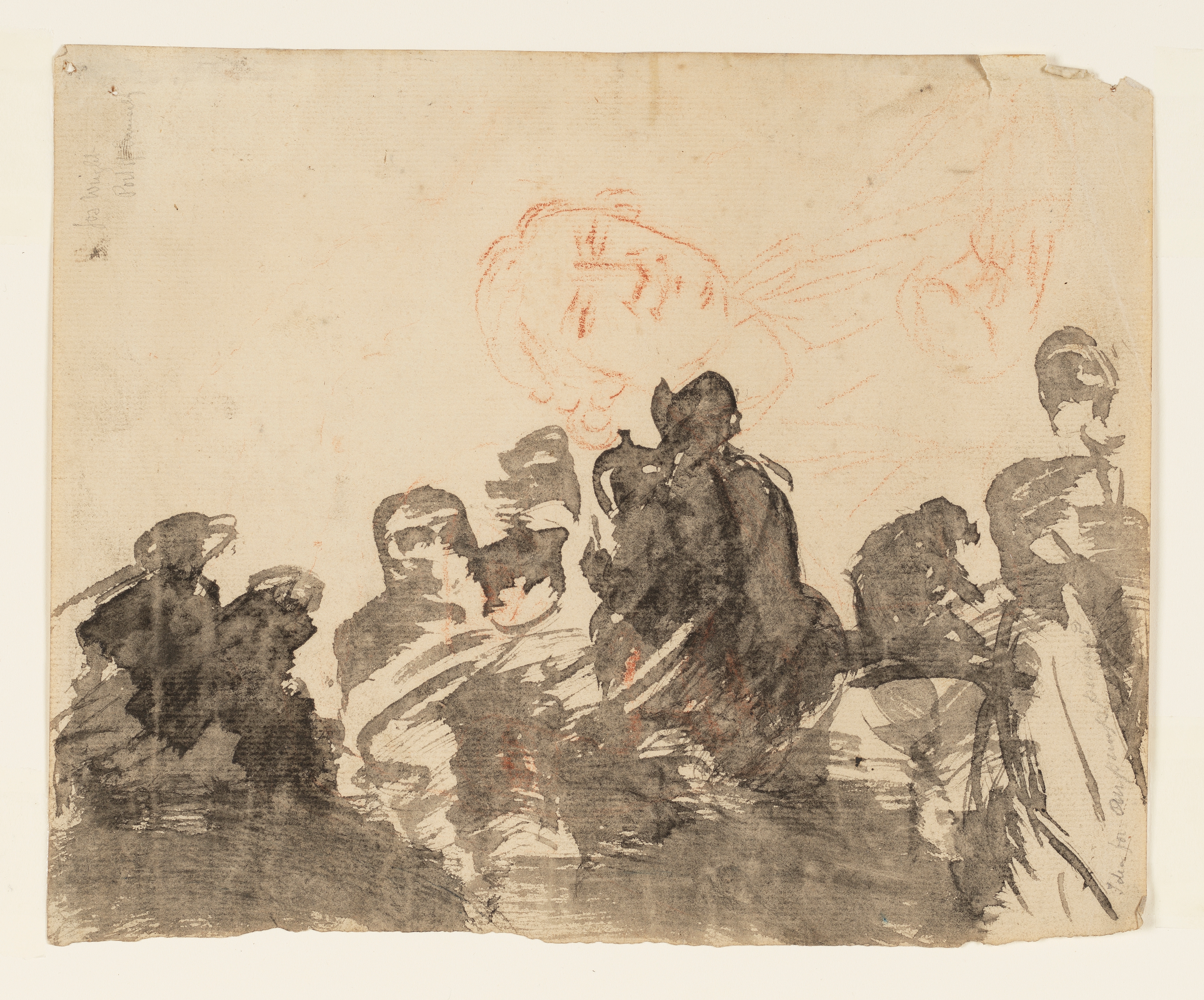 Drawing suggestive of figures, loosely sketched in ink wash, partly on top of a study of a man holding a mask in red chalk. Inscribed top left (handwritten in pencil): 'Jos Wright / Po[illegible]'. Also to lower right, in same hand: 'Idea for [illegible]?'. Verso contains a faint study of a woman reading in red chalk. Made by Joseph Wright (1734-1797), date unknown. Ink wash and red chalk on paper.