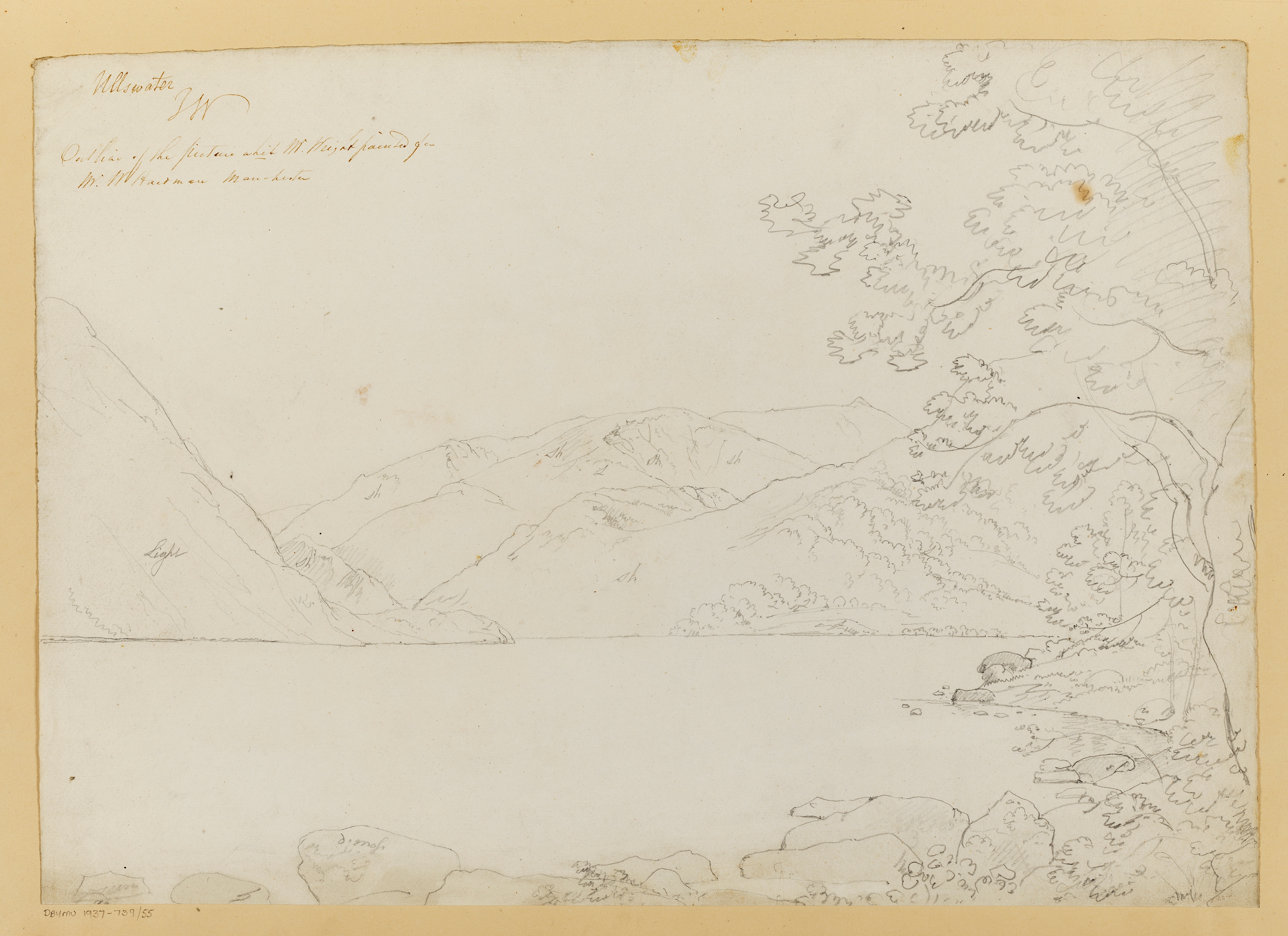 Drawing of a landscape with a lake, identified as Ullswater in the Lake District. Inscribed to recto, above drawing (handwritten in ink): 'Ullswater JW / Outline of the picture which Mr. Wright painted for / Mr. W Hardman Manchester'. Also inscribed throughout the drawing (handwritten in pencil) with descriptive notes (running clockwise, from lower left corner): 'moss'; 'Light'; 'Sh'; 'Sh'; 'Sh'; 'L'; 'Sh'; 'Sh'; 'Sh'. Made by Joseph Wright of Derby (1734 - 1797), c.1792, pencil on paper with a separate inscription handwritten in ink by an unknown individual, possibly John Holland of Ford. The drawing is pasted onto a sheet of paper.