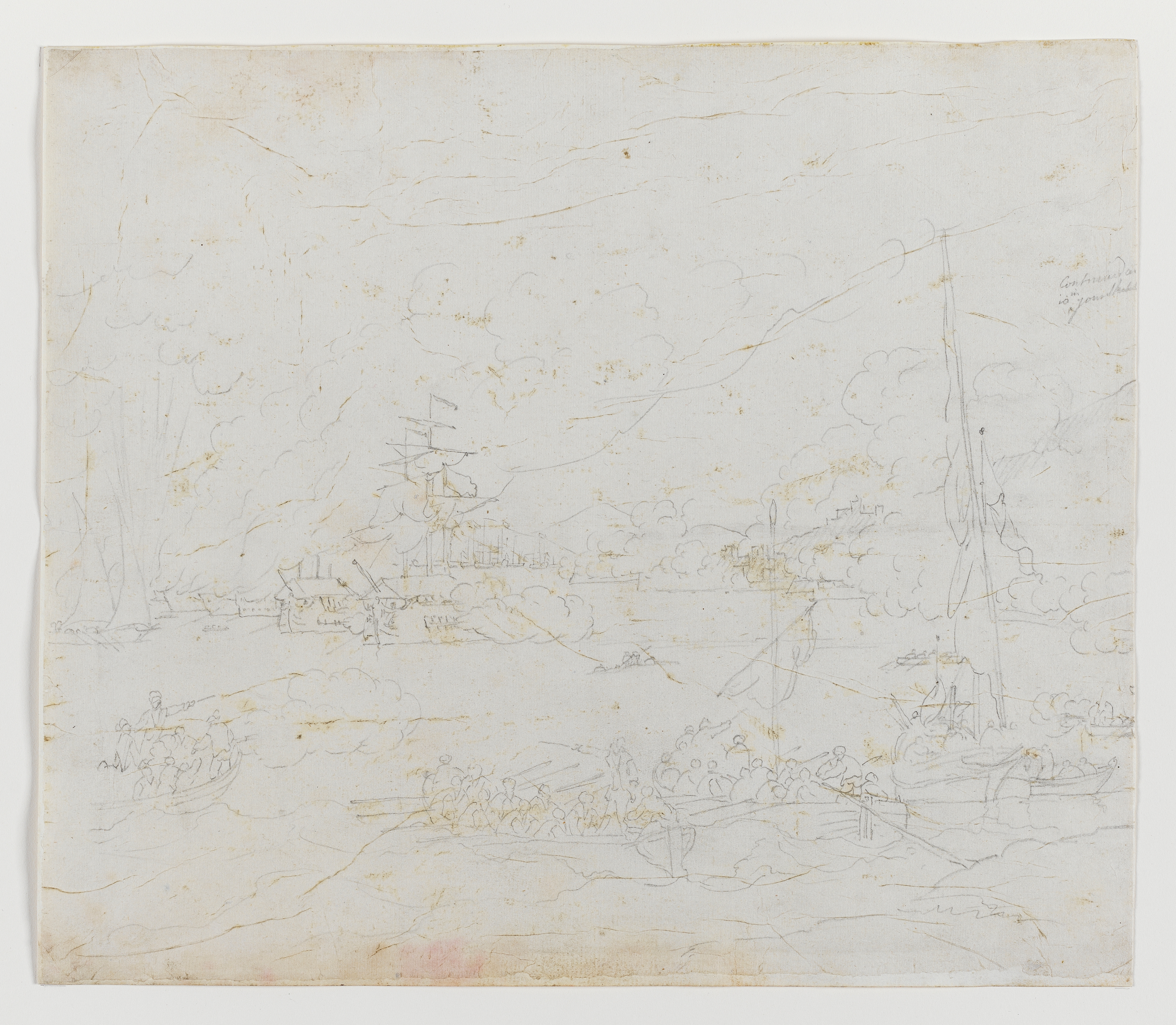 Drawing of a sea battle, near a harbour, identified as a scene from the 'Grand Assault' on Gibraltar, September 1782. In the foreground, a flotilla of British rowing and gunboats fires towards a line of Spanish 'battering ships', identified by the hipped roof structure seen upon the deck. To the left is a 'Xebec'; a small warship peculiar to the Mediterranean able to operate under sail or oars. Inscribed to recto, top right (handwritten in pencil): 'Continued on as[?] in your Sketch'. Made by Joseph Wright of Derby (1734 - 1797), c.1783-5, pencil on white laid paper.
