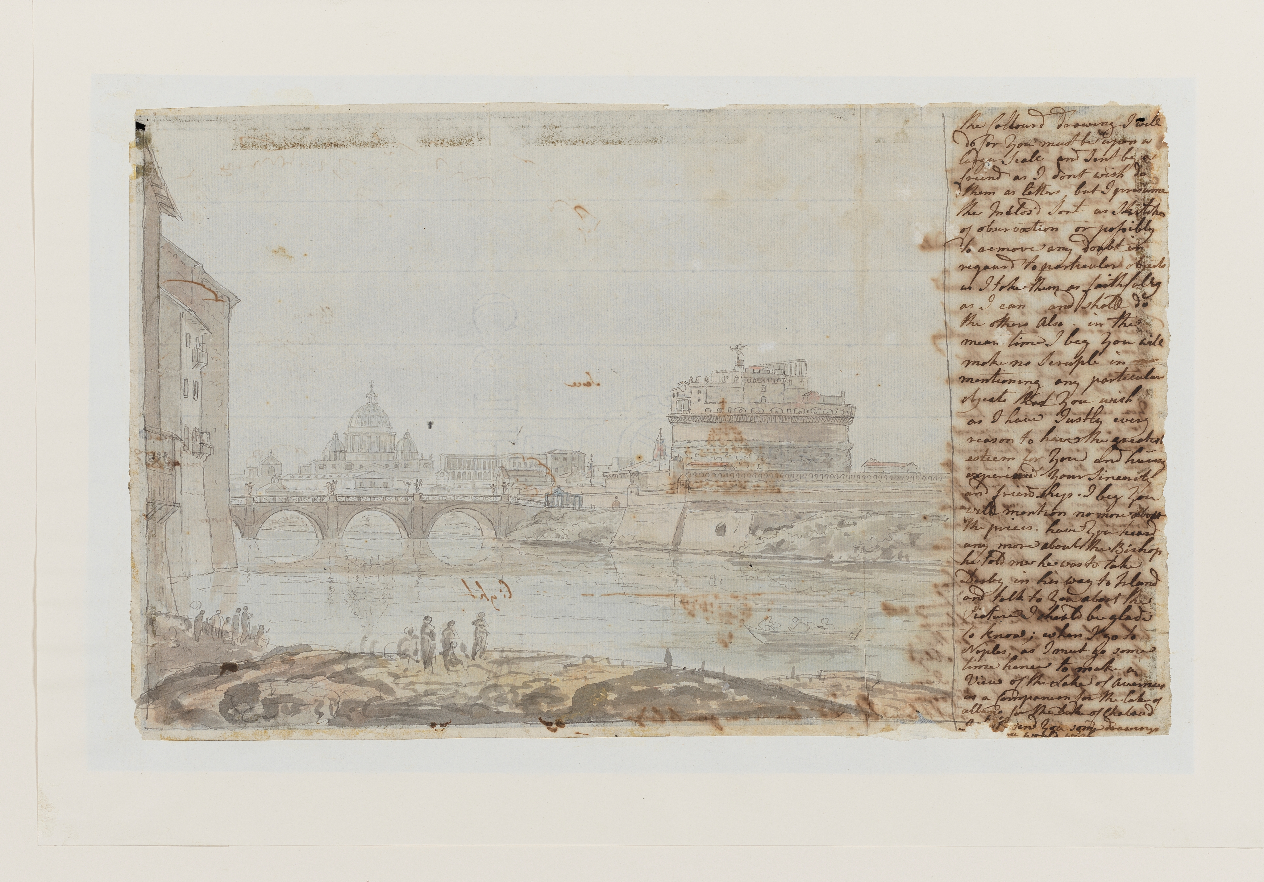 Letter written by Joseph Wright to an unknown recipient, with a study of a view of Castel Sant'Angelo and Saint Peter's in Rome. The letter is contained within a column on the right side of the sheet and reads: 'The collourd drawing I will do for you must be upon a larger scale and sent by a friend as I don't wish do them as letters but I presume the inclos'd sent as sketches of observation or possibly to remove any doubt in regard to particular objects as I take them as faithfully as I can and shall do the others. Also in the mean time I beg you will make no scruple in mentioning any particular objects that you wish as I have justly every reason to have the greatest esteem for you and having experienc'd your sincerity and friendship, I beg you will mention no more about the prices, have you heard any more about the Bishop he told me he was to take Derby in his way to Ireland and talk to you about this picture I should be glad to know; when I go to Naples, as I must go some time hence to make a view of the Lake of Avernus as a companion for the lake of Albano for the Duke of Chabaud I will send you some drawings [-torn] you would wish'. The letter continues on the verso and includes an annotated study of the Castel Sant'Angelo and Saint Peter's during the Girandola in pencil, and pen and ink. Made by Joseph Wright of Derby (1734 - 1797), 1774. Pencil, pen and ink wash on laid paper. Displayed in a cream window mount.
