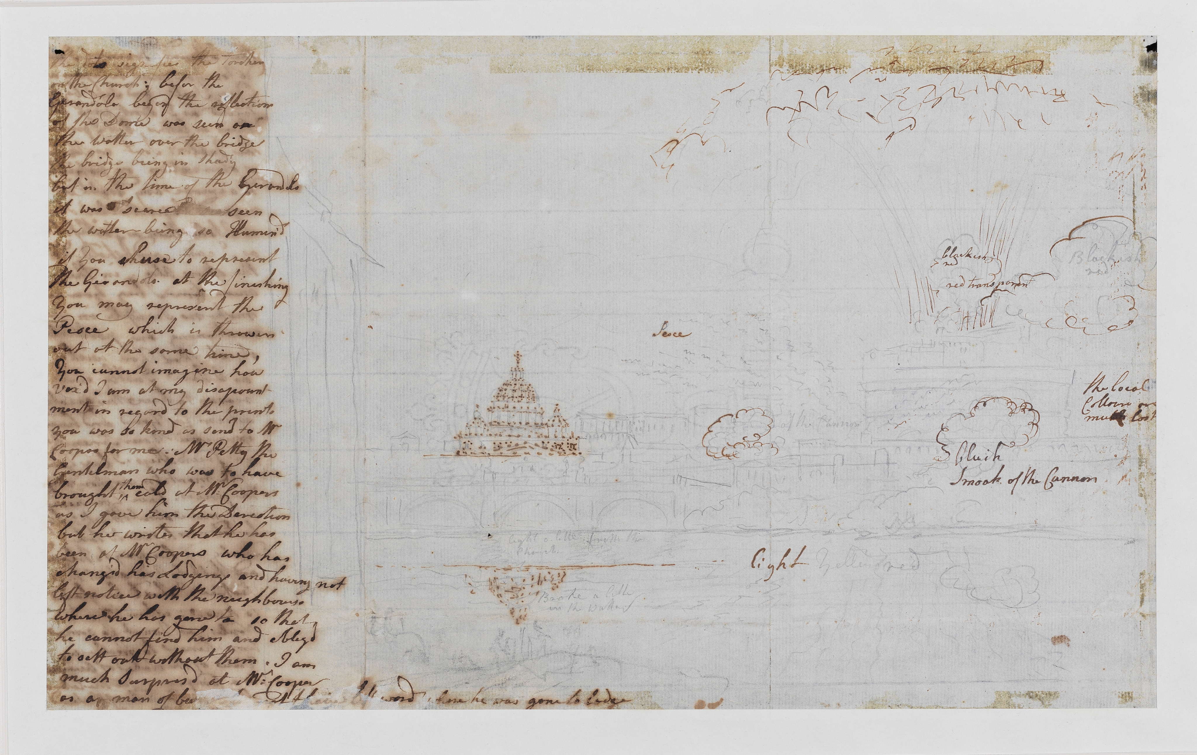 Letter written by Joseph Wright to an unknown recipient, with a study of a view of Castel Sant'Angelo and Saint Peter's in Rome during the annual firework display known as the 'Girandola'. The letter (continued from the recto) is contained within a column on the left side of the sheet and reads: 'The dots signifies the torches on the Church; before the Girandola began the reflection of the Dome was seen on the watter over the bridge being in shad'y but in the time of the Girandola it was scarce seen the water being so illumin'd if you choose to represent the Girandola at the finishing you may represent the Pesce which is thrown out at the same time, you cannot imagine how vex'd I am at my disappointment in regard to the prints you was so kind as send to Mr Cooper for me: Mr Petty the Gentleman who was to have brought them cald[sic] at Mr Coopers as I gave him this Direction but he writes that he has been at Mr Coopers who has chang'd his Lodgings and having not left notice with the neighbours where he has gone to so that he cannot find him and obligd[sic] to sett[sic] out without them. I am much surprisd[sic] at Mr Cooper as a man of bu[illegible, but may read 'business'] not to have left word where he was gone to lodge'. Inscribed on the drawing (handwritten in ink): 'Blackish and Transparent', 'Blueish smoke of the cannon', 'The local colour as much lost', and 'light'. Made by Joseph Wright of Derby (1734 - 1797), 1774. Pencil, pen and ink on laid paper. Displayed in a cream window mount.