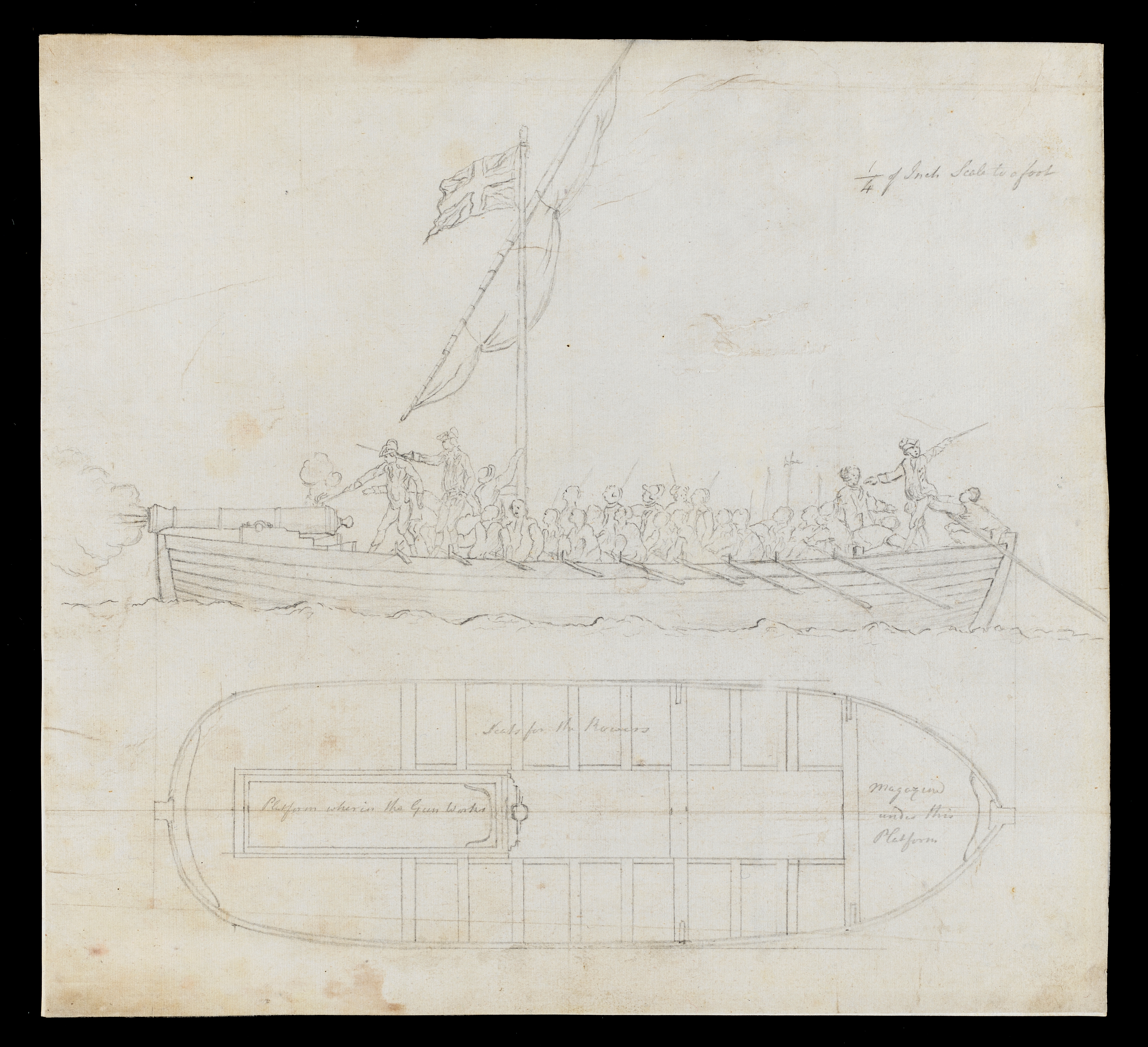 Drawing of a gun boat seen in profile, its gun mounted and shown firing. Below is an annotated plan of the boat inscribed with handwritten pencil notes (running left to right): 'Platform wherein the Gun works'; 'Seats for the Rowers'; 'Magazine under this Platform'. Inscribed to recto, top right (handwritten in pencil): '1/4 of Inch Scale to a foot'. Drawing by Joseph Wright of Derby (1734 - 1797), c.1783-5, pencil on white laid paper.