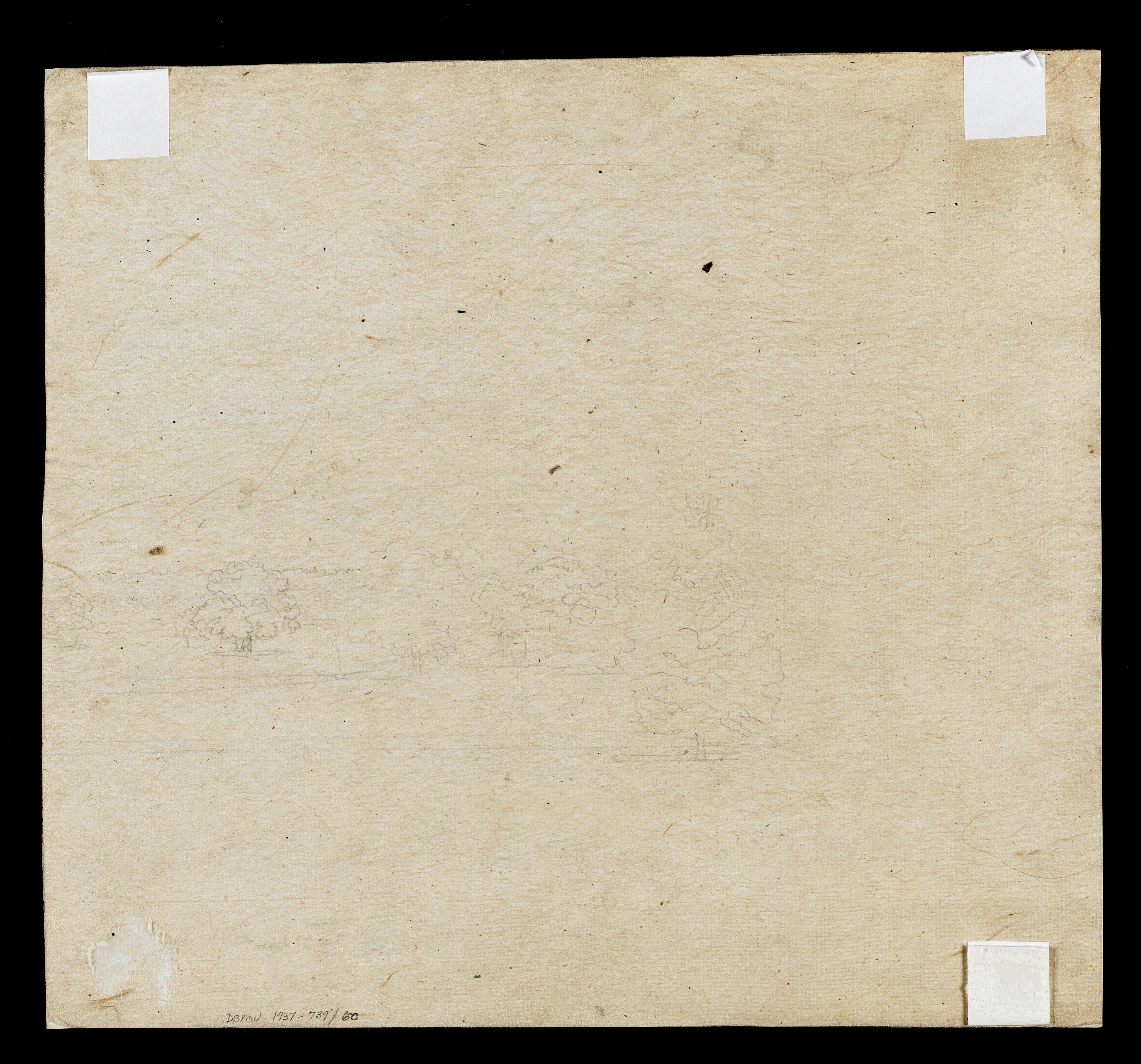 Drawing of a landscape with trees (faint). Inscribed with Derby Museums accession number to lower left edge of the sheet. Made by Joseph Wright of Derby (1734 - 1797), c. 1783-5(?), pencil on white laid paper.