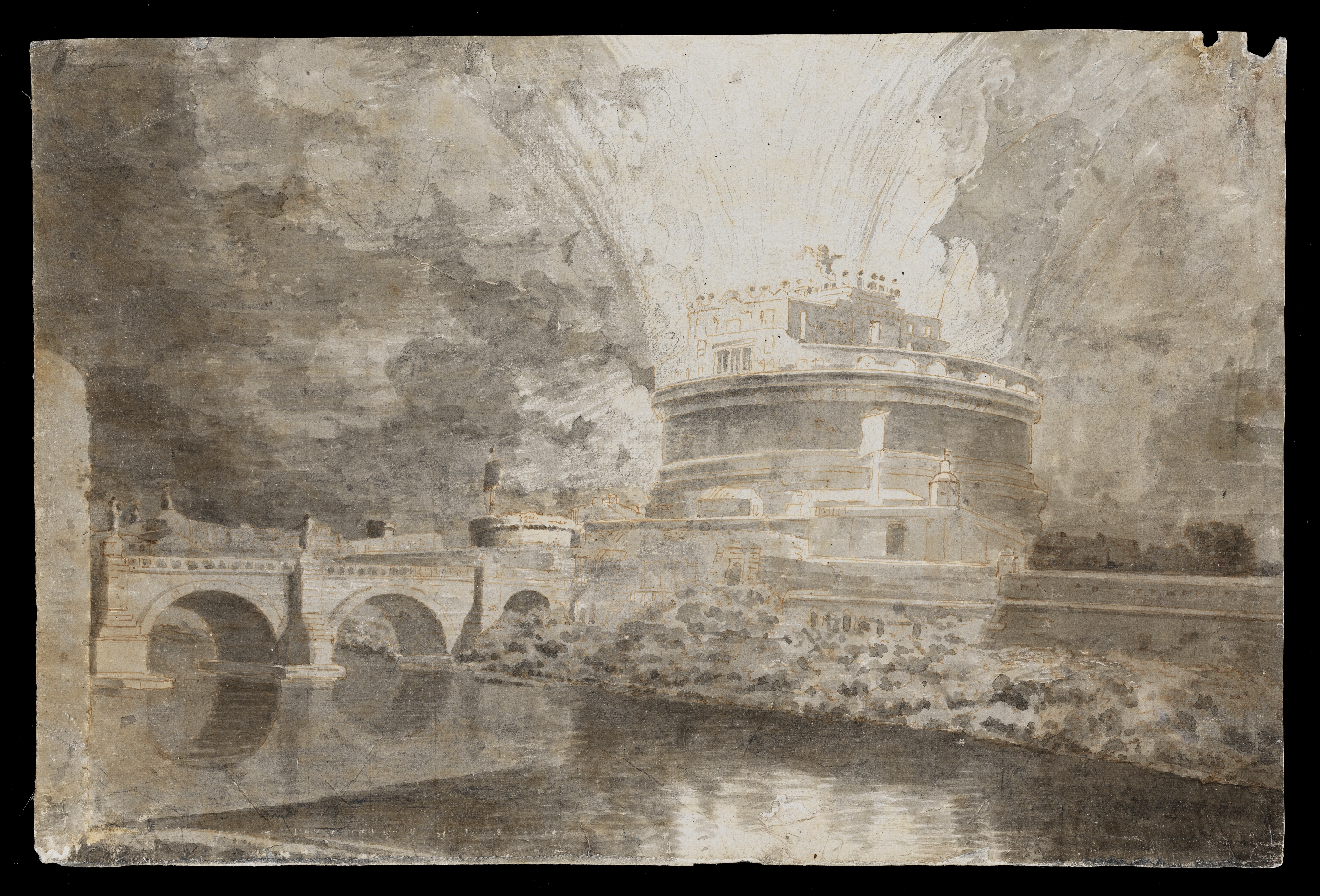 Drawing of a view in Rome by night, showing a firework display over the Castel Sant'Angelo. To the left is a bridge, called the Ponte Sant'Angelo. The River Tiber is in the foreground of the scene; the firework display is reflected in the water of the river. Inscribed on recto, to top left (handwritten in ink): '104'. Made by Joseph Wright of Derby (1734 - 1797), c. 1774 - 1775. Pen and ink and grey ink wash over pencil on laid paper. Displayed in a cream window mount.
