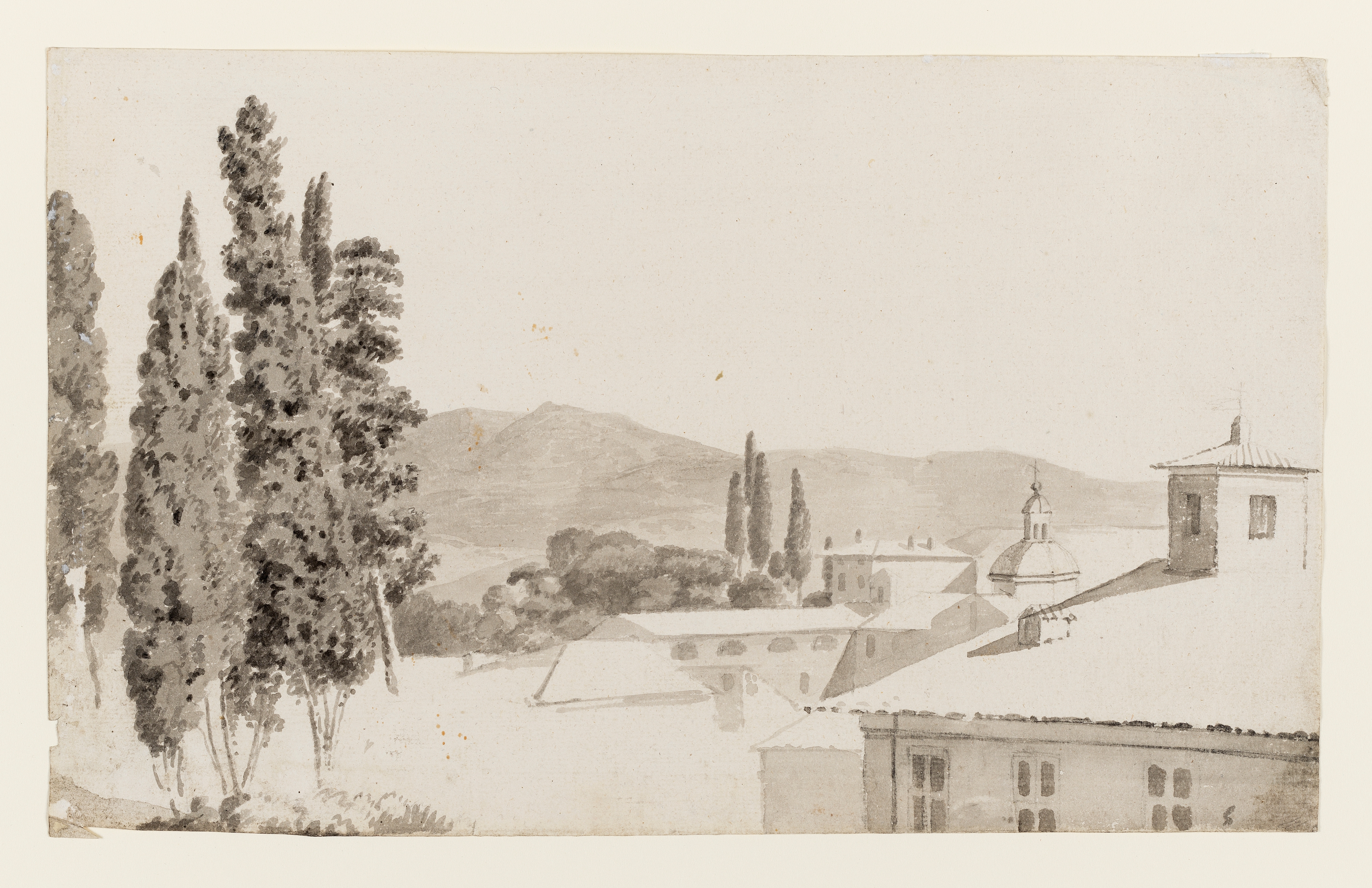 Drawing of an Italian landscape drenched in sunlight, with trees to the left, buildings to the right, and hills beyond. Unfinished. Drawn by Joseph Wright of Derby (1734-1797), c.1774-75. Ink washes over pencil on cream laid paper. Displayed in a cream window mount.