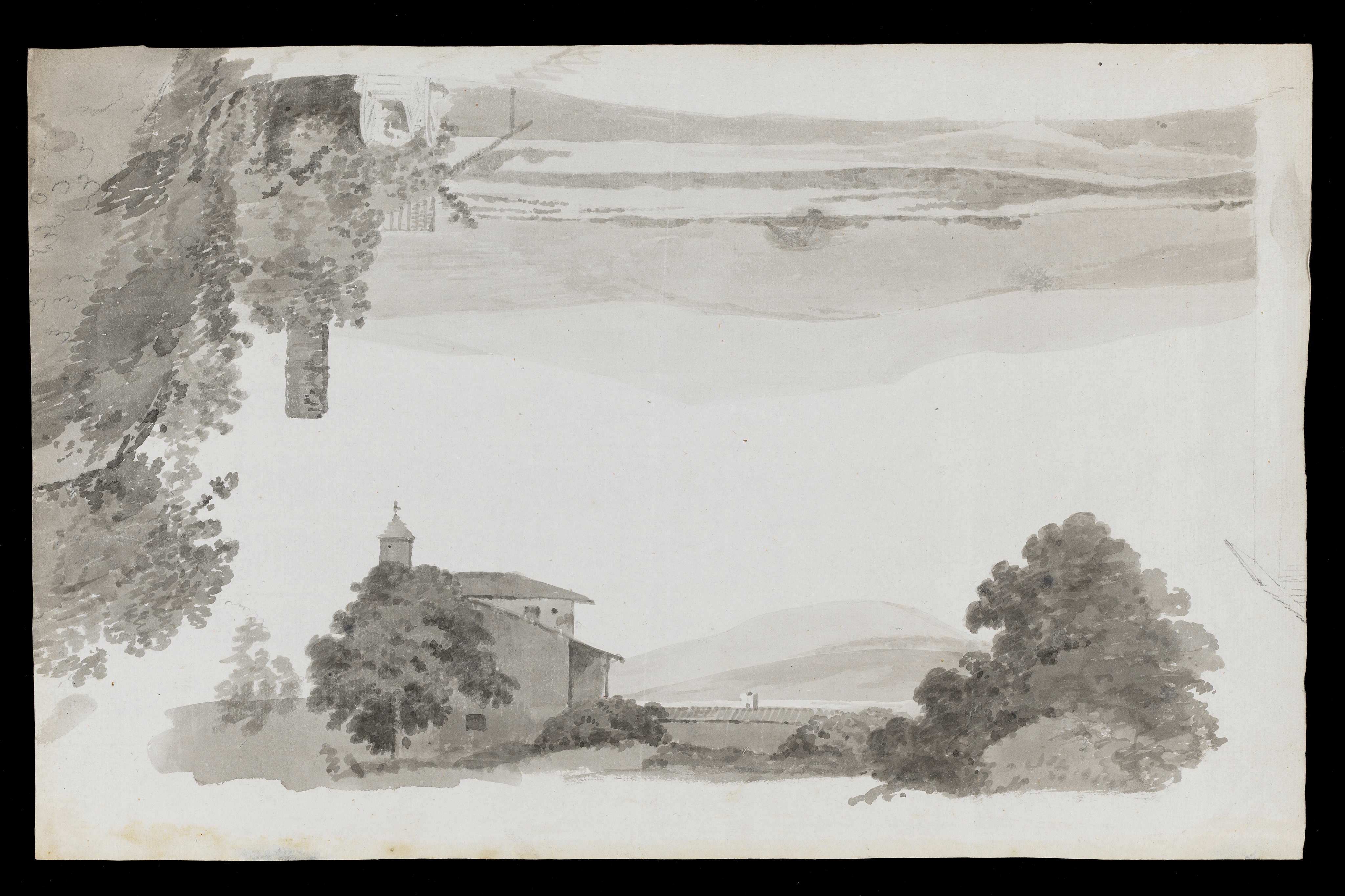 Drawing of two continental landscapes; the sheet having been rotated. One of these studies consists of a view of a villa surrunded by trees with hills beyond. The other shows a landscape with a building and trees to the right. The building has a tall chimney and what appears to be a waterwheel. To the left is the outline of another building. Two more landscape studies can be found on the verso. Watermark visible: 'J HONIG and ZOON' Made by Joseph Wright of Derby (1734-1797), c.1774-75. Ink wash on paper. Displayed in a cream window mount.