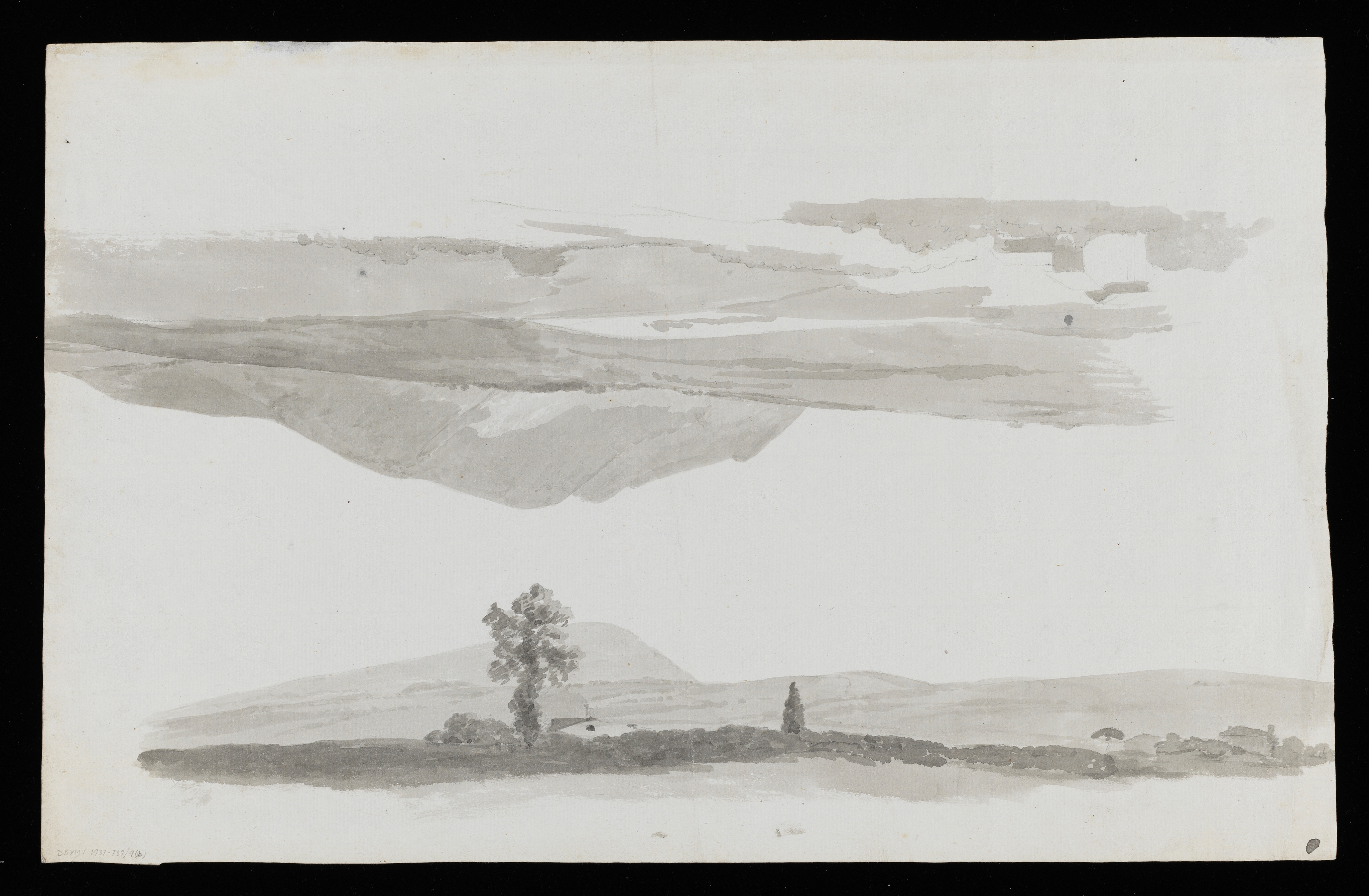 Drawing of two continental landscapes; the sheet having been rotated. One of these studies consists of a view of a mountainous landscape. The other shows a building crouched low in the landscape, with trees to either side and hills beyond. Two more landscape studies can be found on the recto. Watermark visible: 'J HONIG and ZOON' Made by Joseph Wright of Derby (1734-1797), c.1774-75. Ink wash on paper. Displayed in a cream window mount.